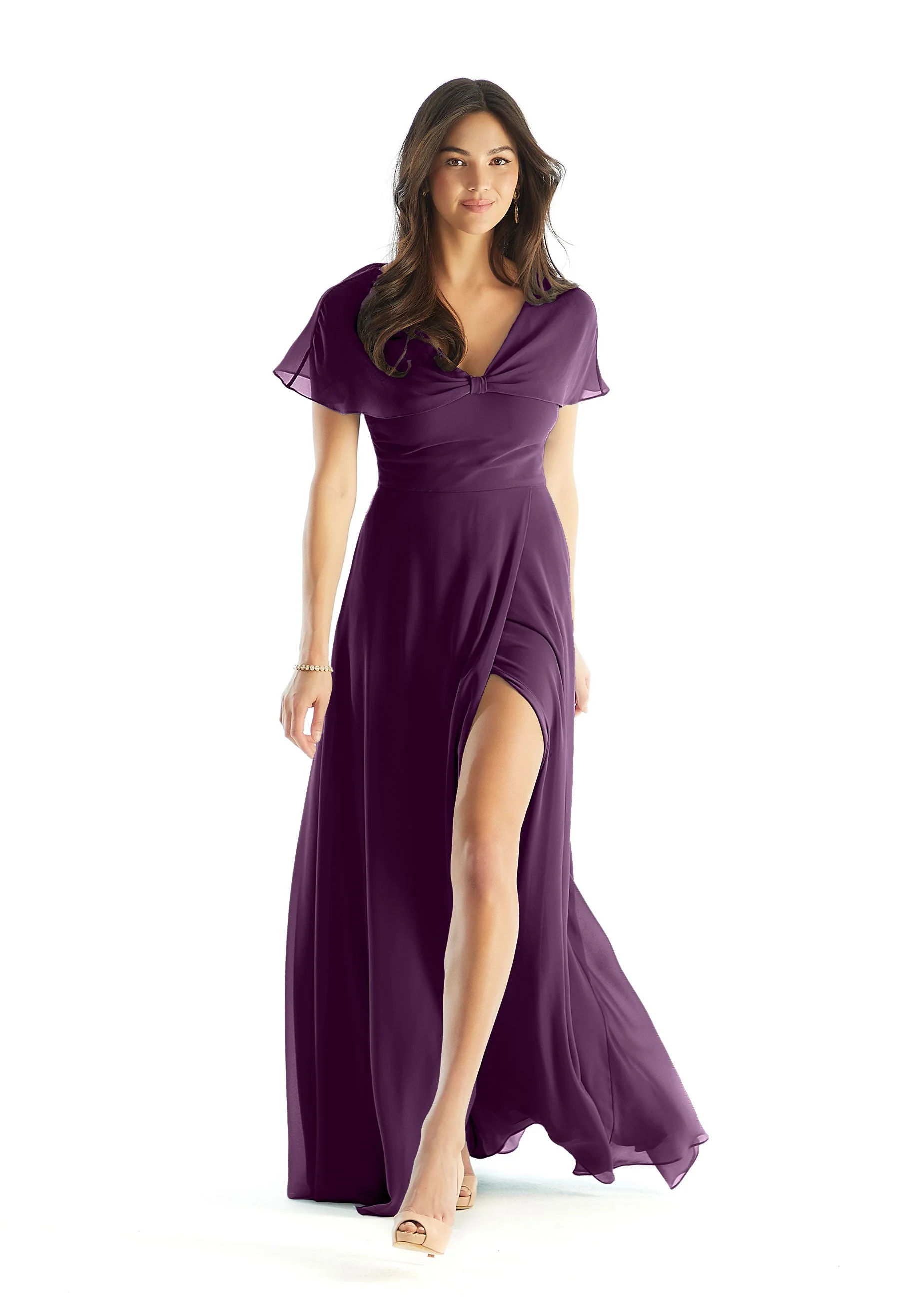 A-line Chiffon Bridesmaid Dress with Capelet Sleeves - Image 48