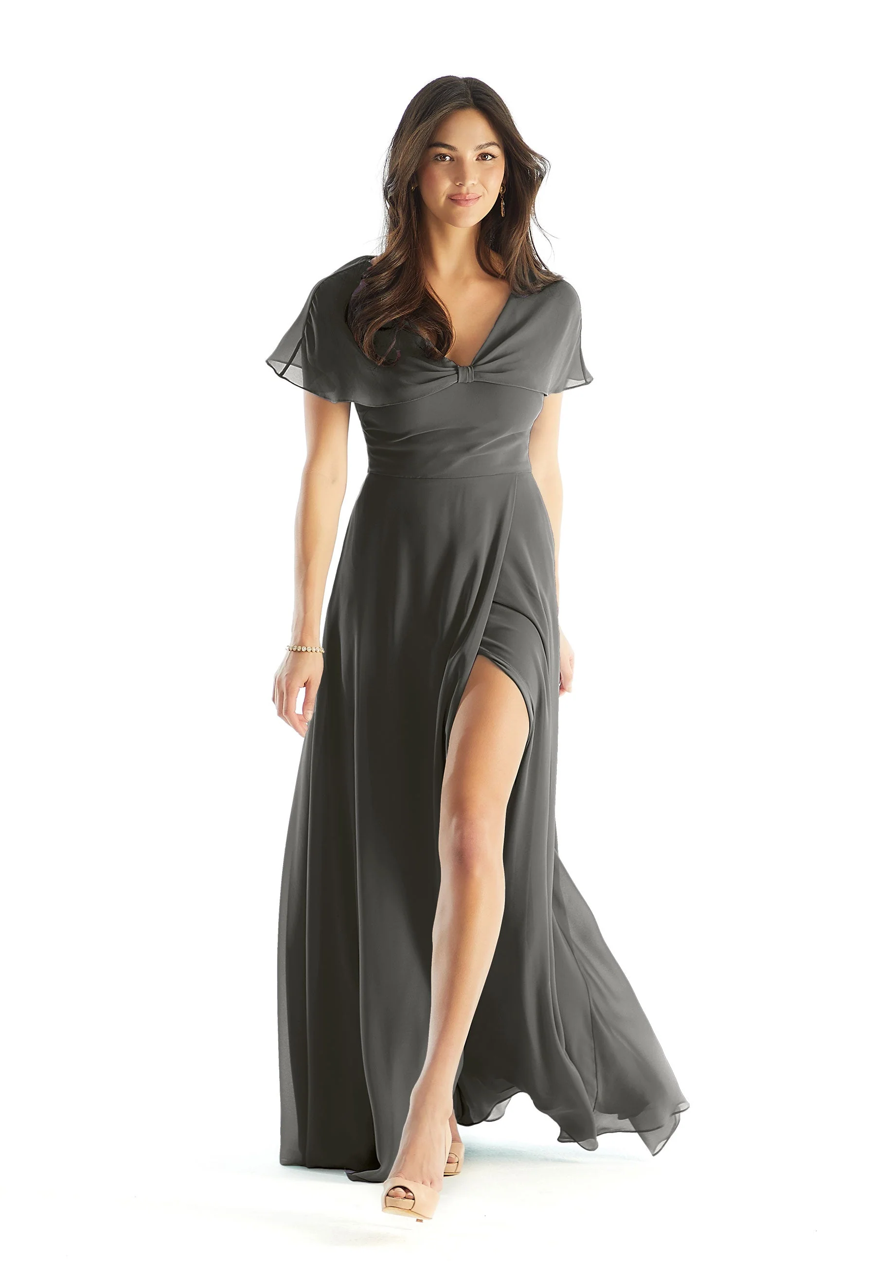 A-line Chiffon Bridesmaid Dress with Capelet Sleeves - Image 54