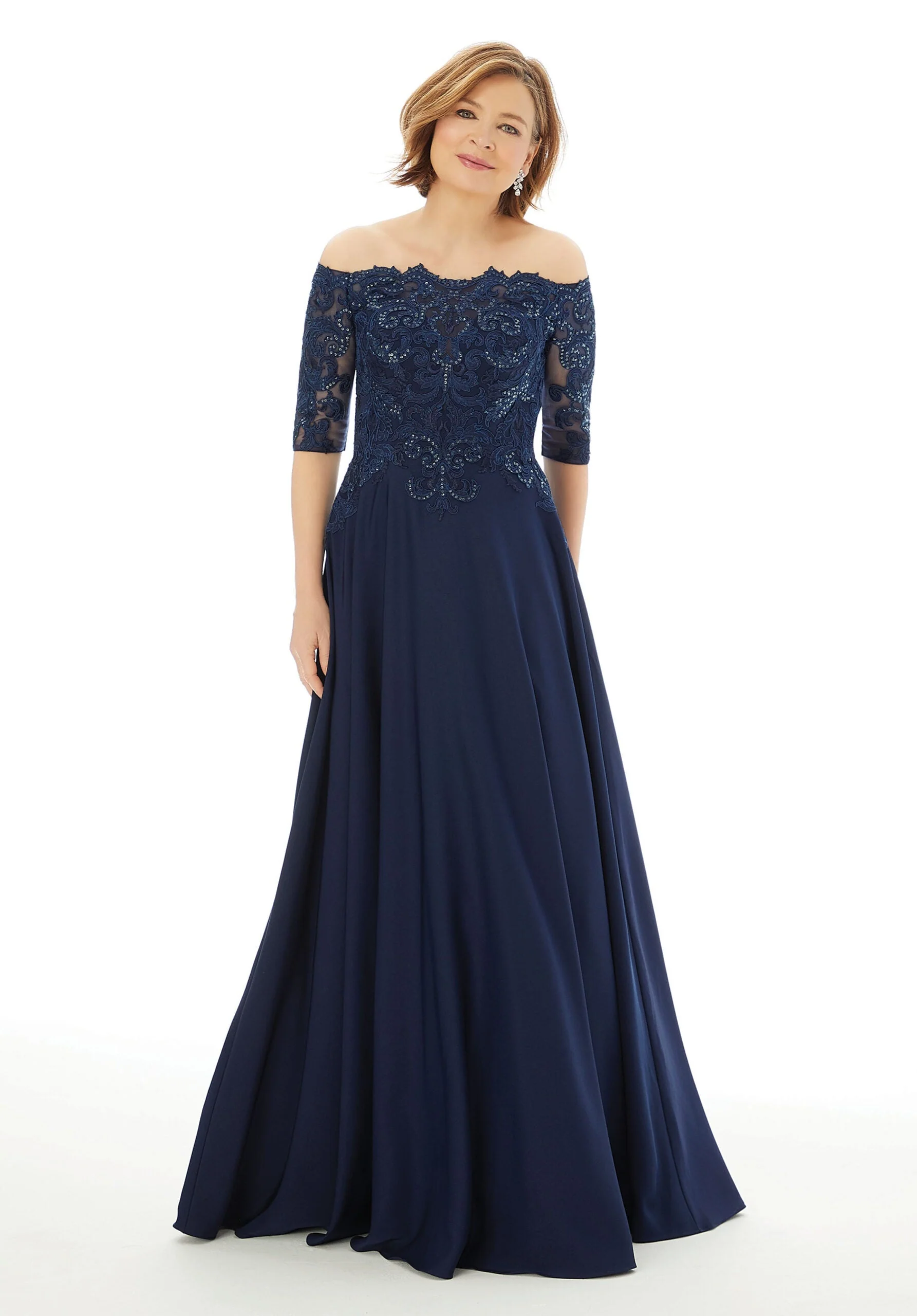 A-Line Evening Gown with Beading and Appliqués on Crepe