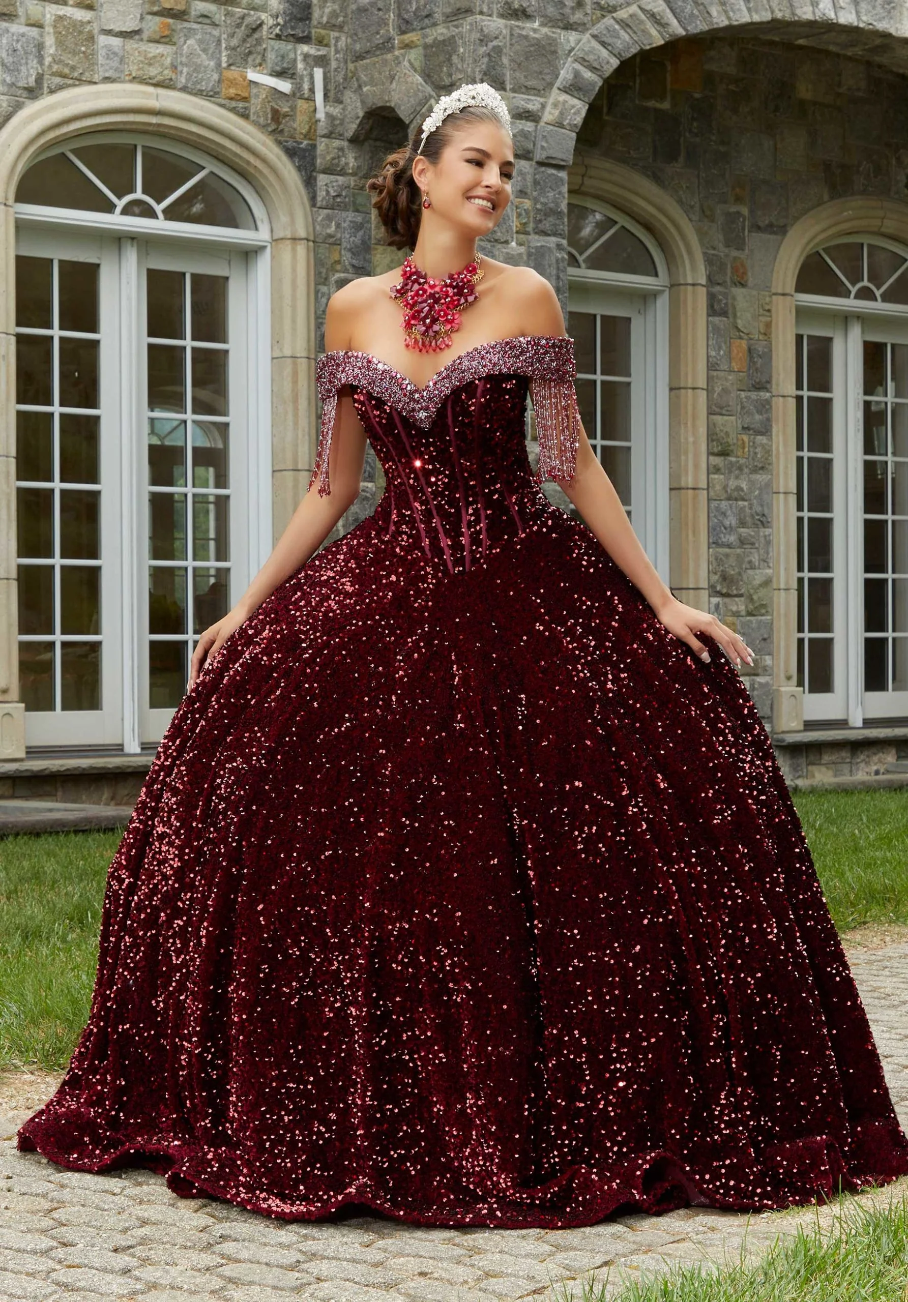 Allover Sequin Velvet Quinceañera Dress with Beaded Fringe - Image 3