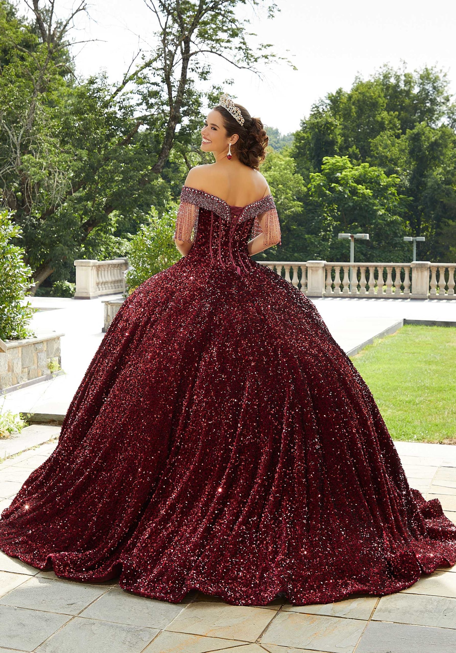 Allover Sequin Velvet Quinceañera Dress with Beaded Fringe - Image 4