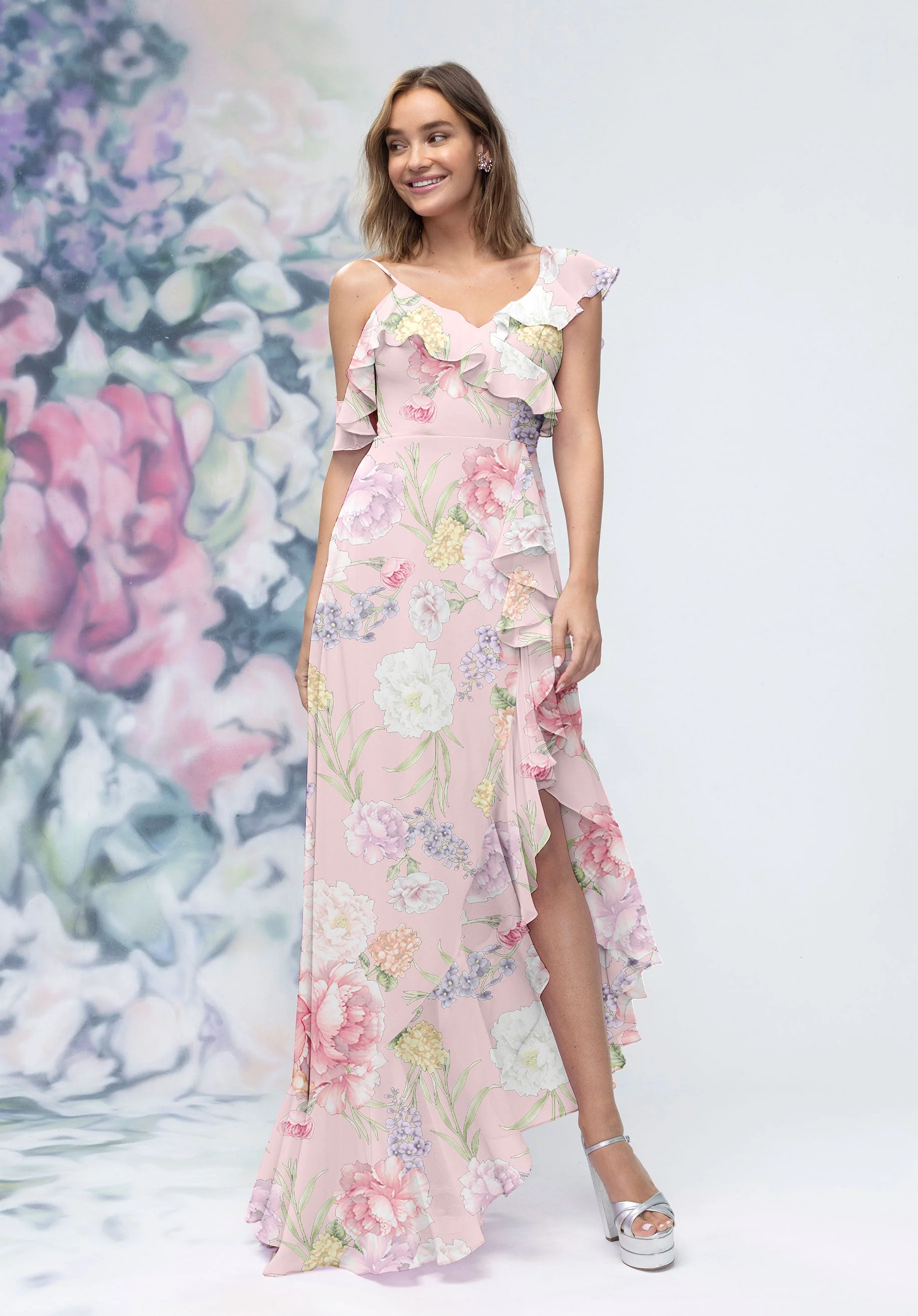 Asymmetric Ruffle Floral Printed Chiffon Bridesmaid Dress