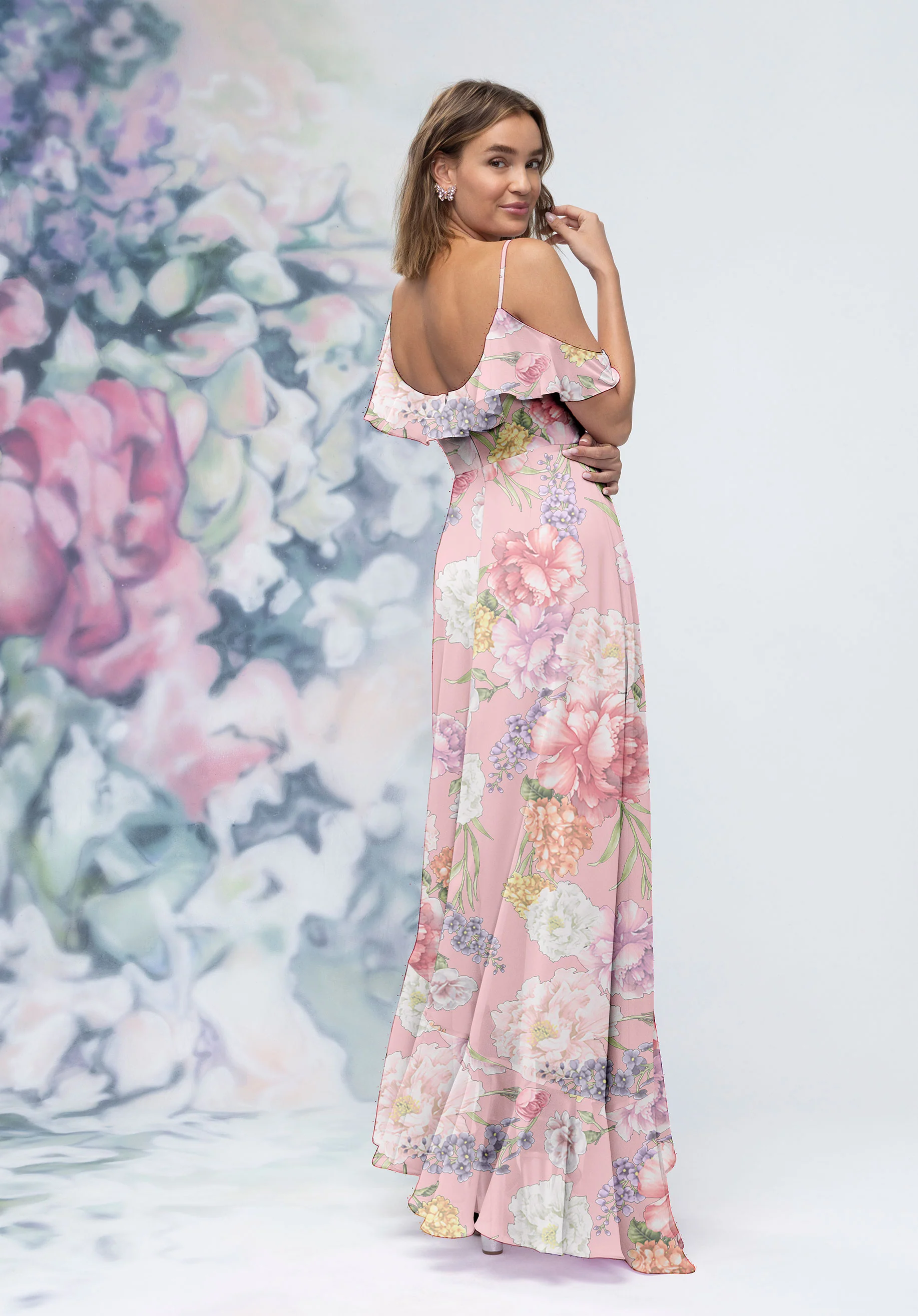 Asymmetric Ruffle Floral Printed Chiffon Bridesmaid Dress - Image 2
