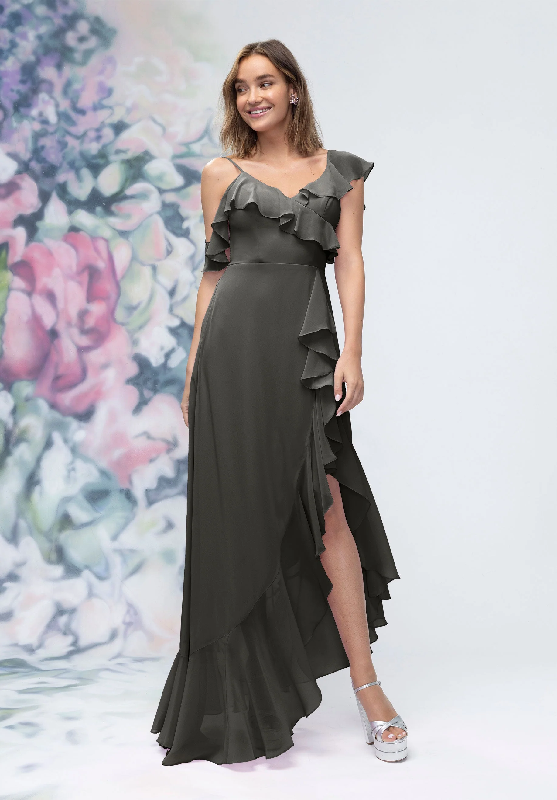 Asymmetrical Cascading Ruffle Chiffon Bridesmaid Dress - Image 16