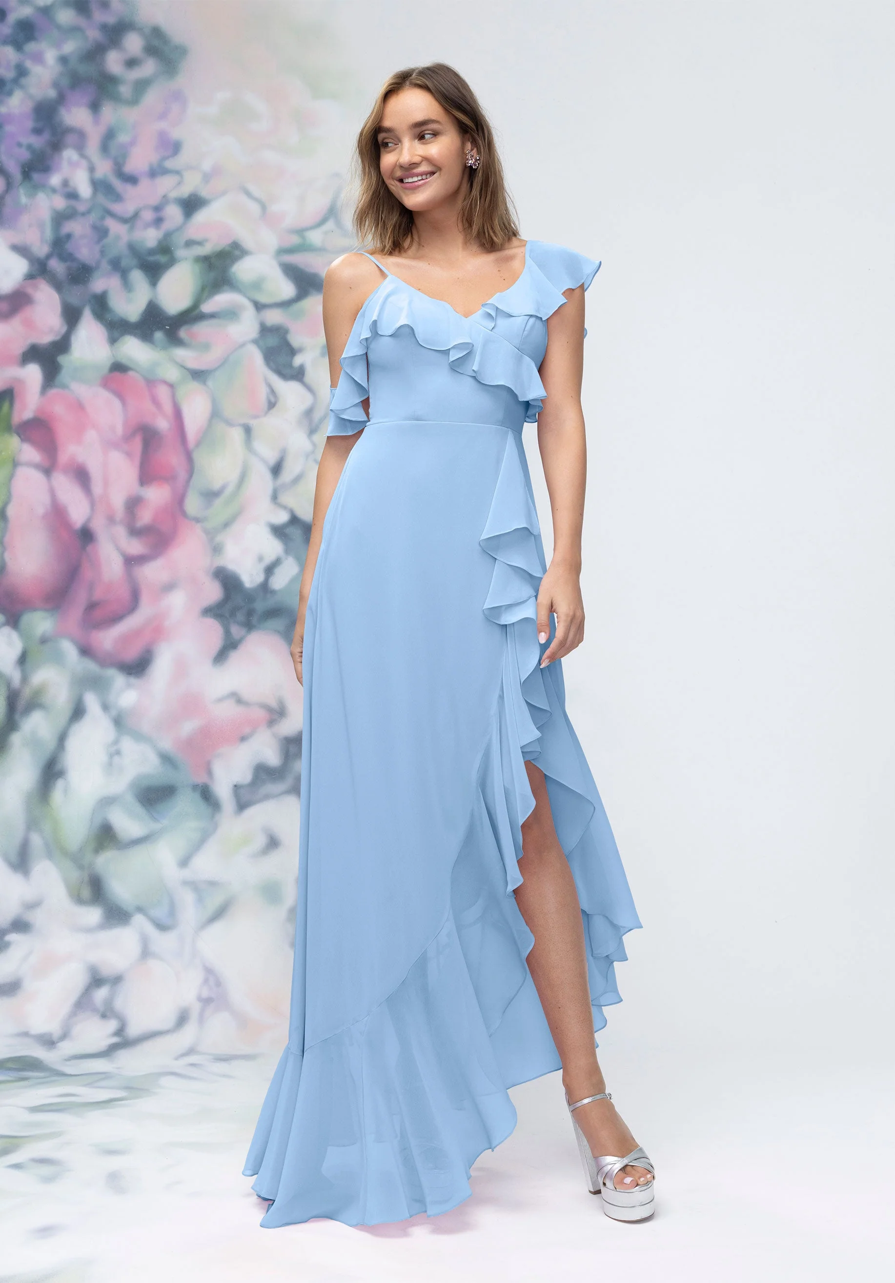Asymmetrical Cascading Ruffle Chiffon Bridesmaid Dress - Image 19