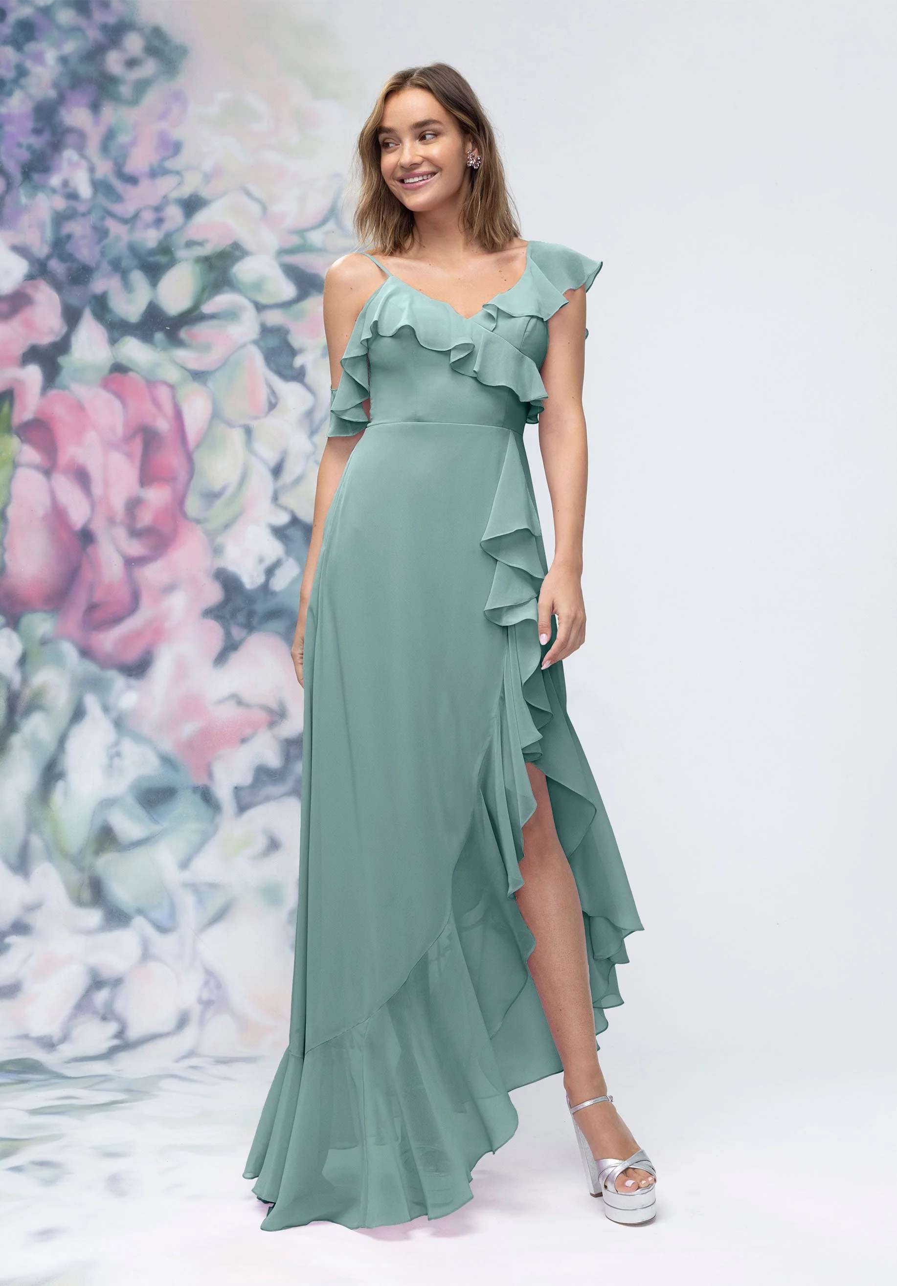 Asymmetrical Cascading Ruffle Chiffon Bridesmaid Dress - Image 20