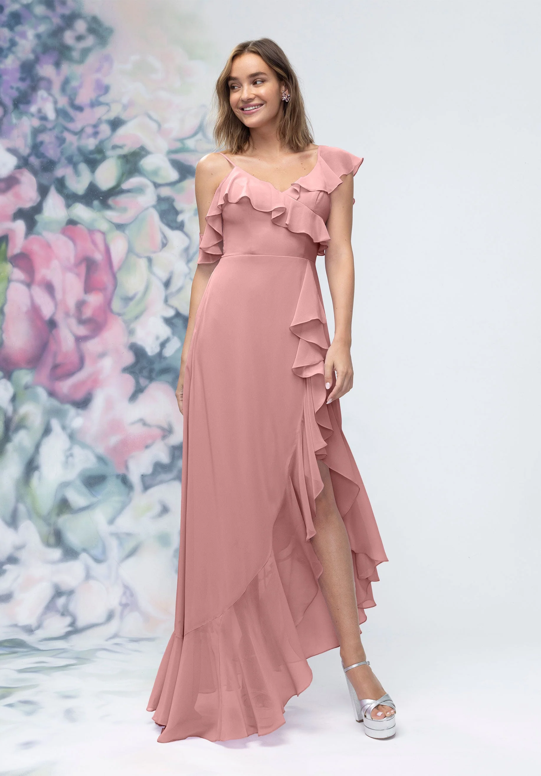 Asymmetrical Cascading Ruffle Chiffon Bridesmaid Dress - Image 21