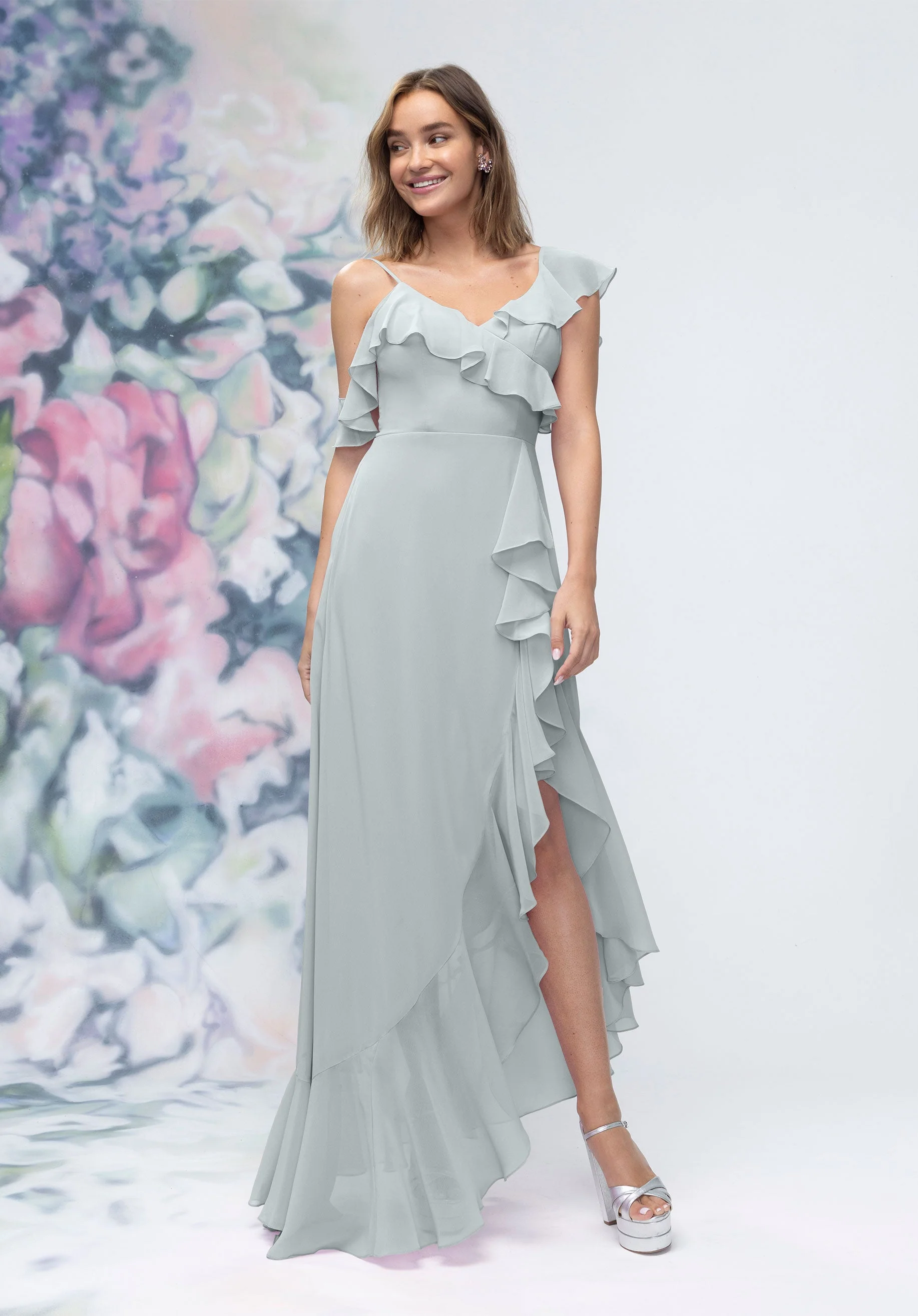 Asymmetrical Cascading Ruffle Chiffon Bridesmaid Dress - Image 23