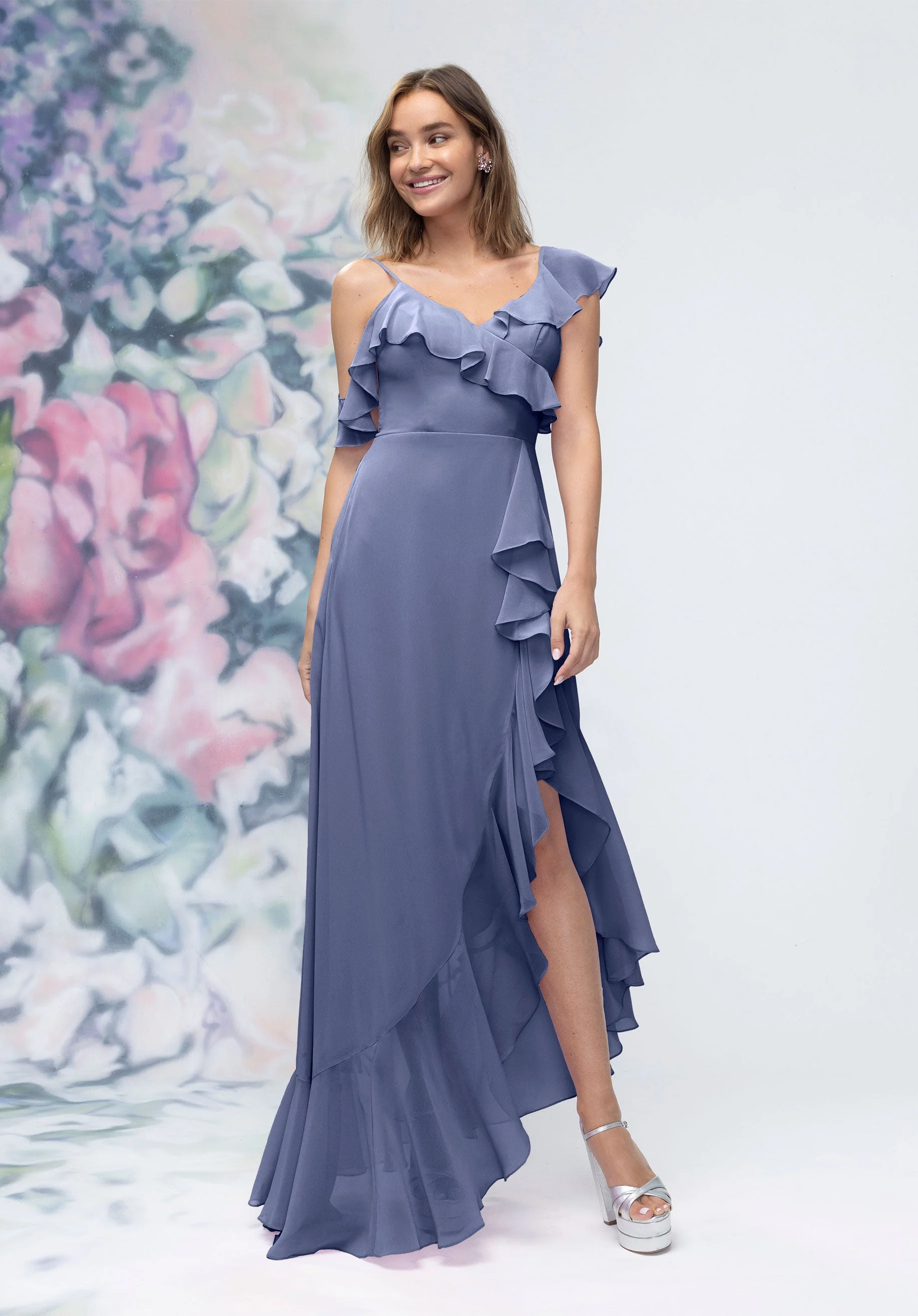 Asymmetrical Cascading Ruffle Chiffon Bridesmaid Dress - Image 24