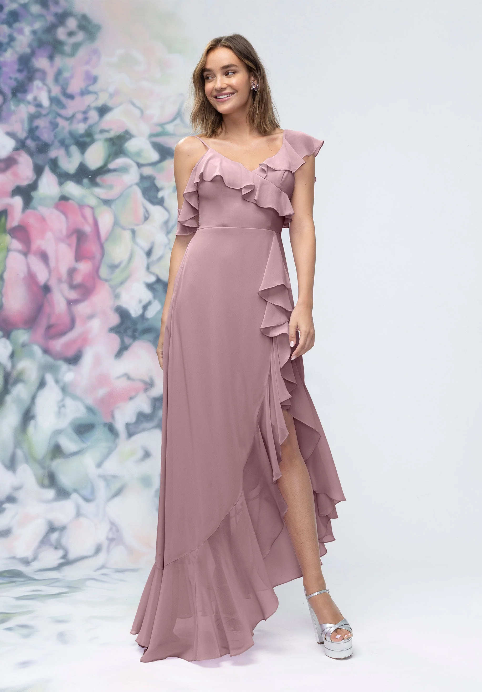 Asymmetrical Cascading Ruffle Chiffon Bridesmaid Dress - Image 29