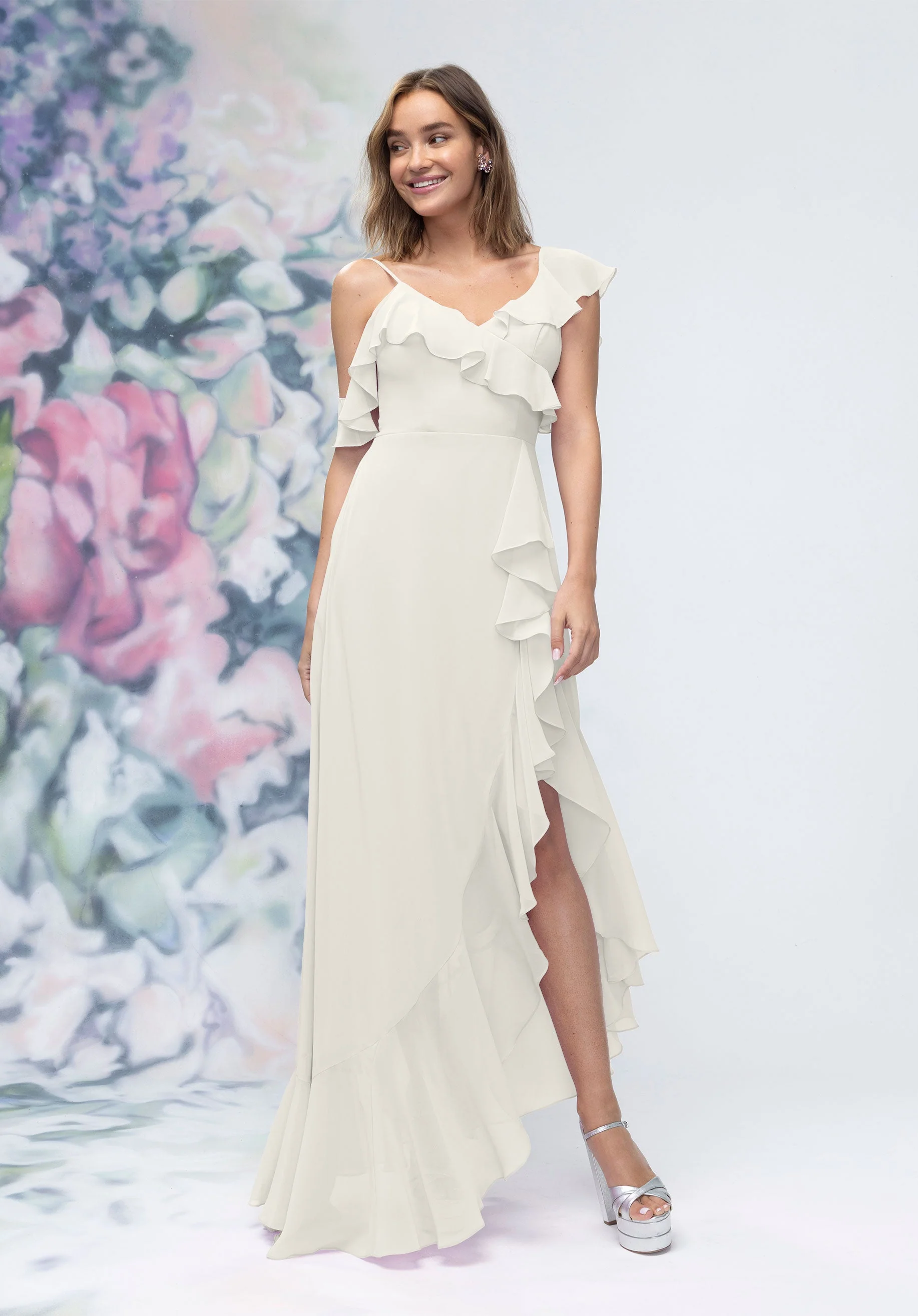 Asymmetrical Cascading Ruffle Chiffon Bridesmaid Dress - Image 31