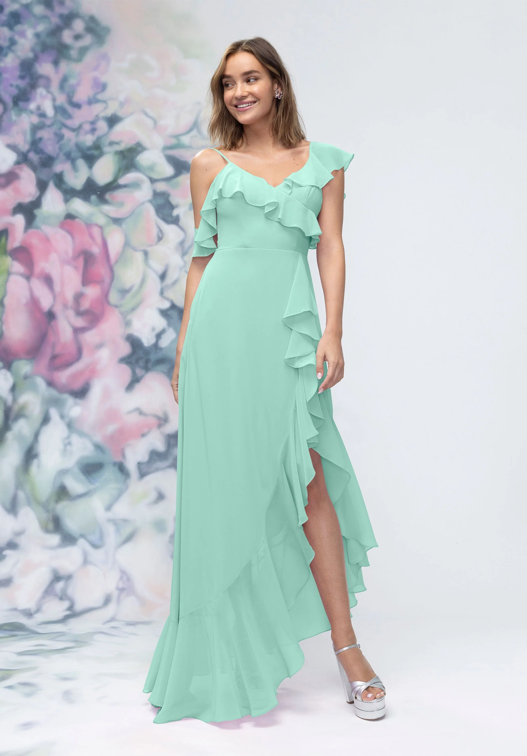 Asymmetrical Cascading Ruffle Chiffon Bridesmaid Dress - Image 34