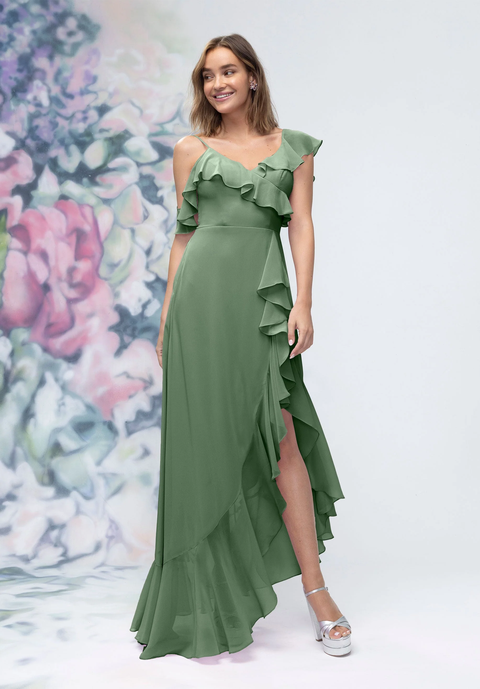 Asymmetrical Cascading Ruffle Chiffon Bridesmaid Dress - Image 35