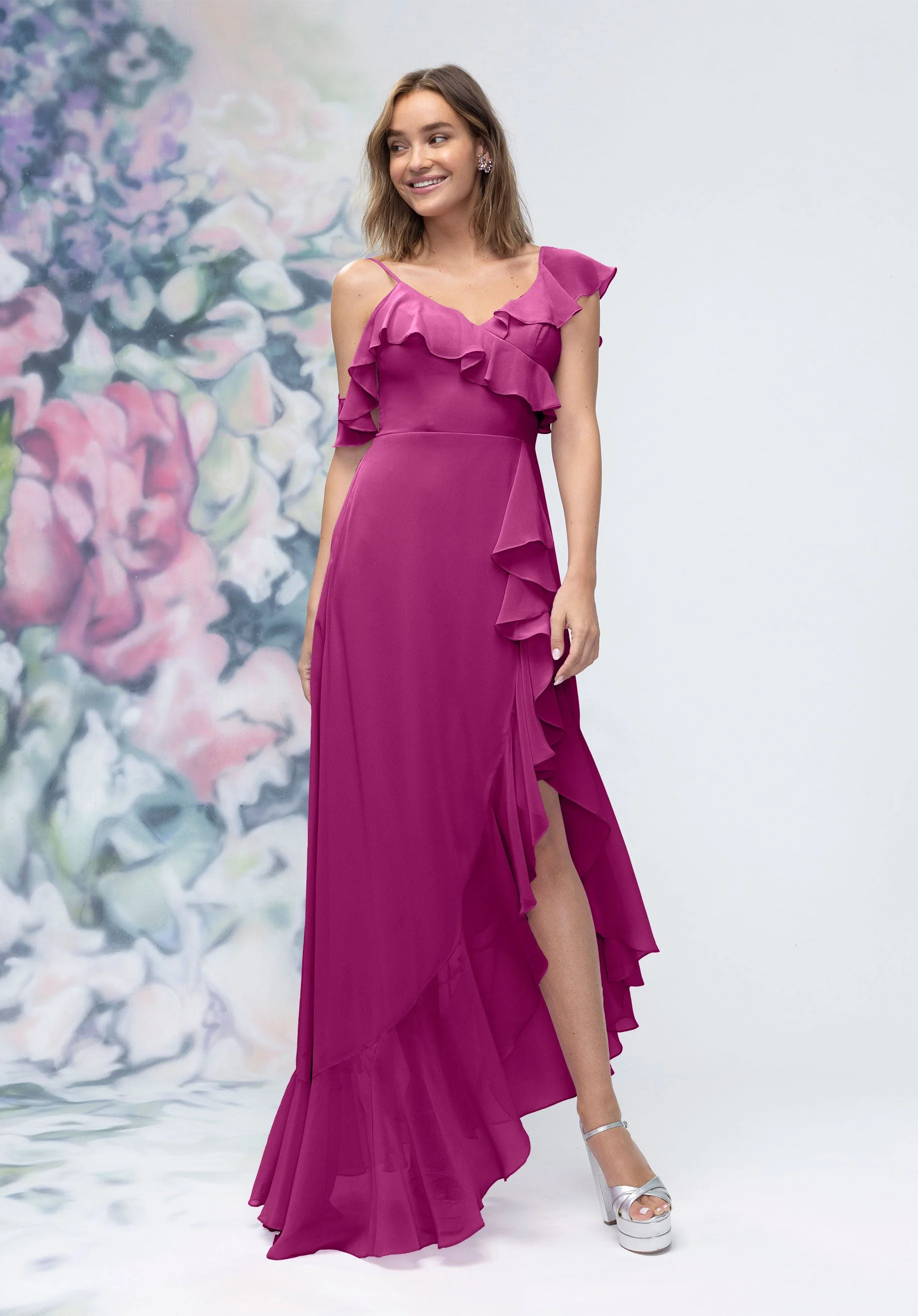 Asymmetrical Cascading Ruffle Chiffon Bridesmaid Dress - Image 36