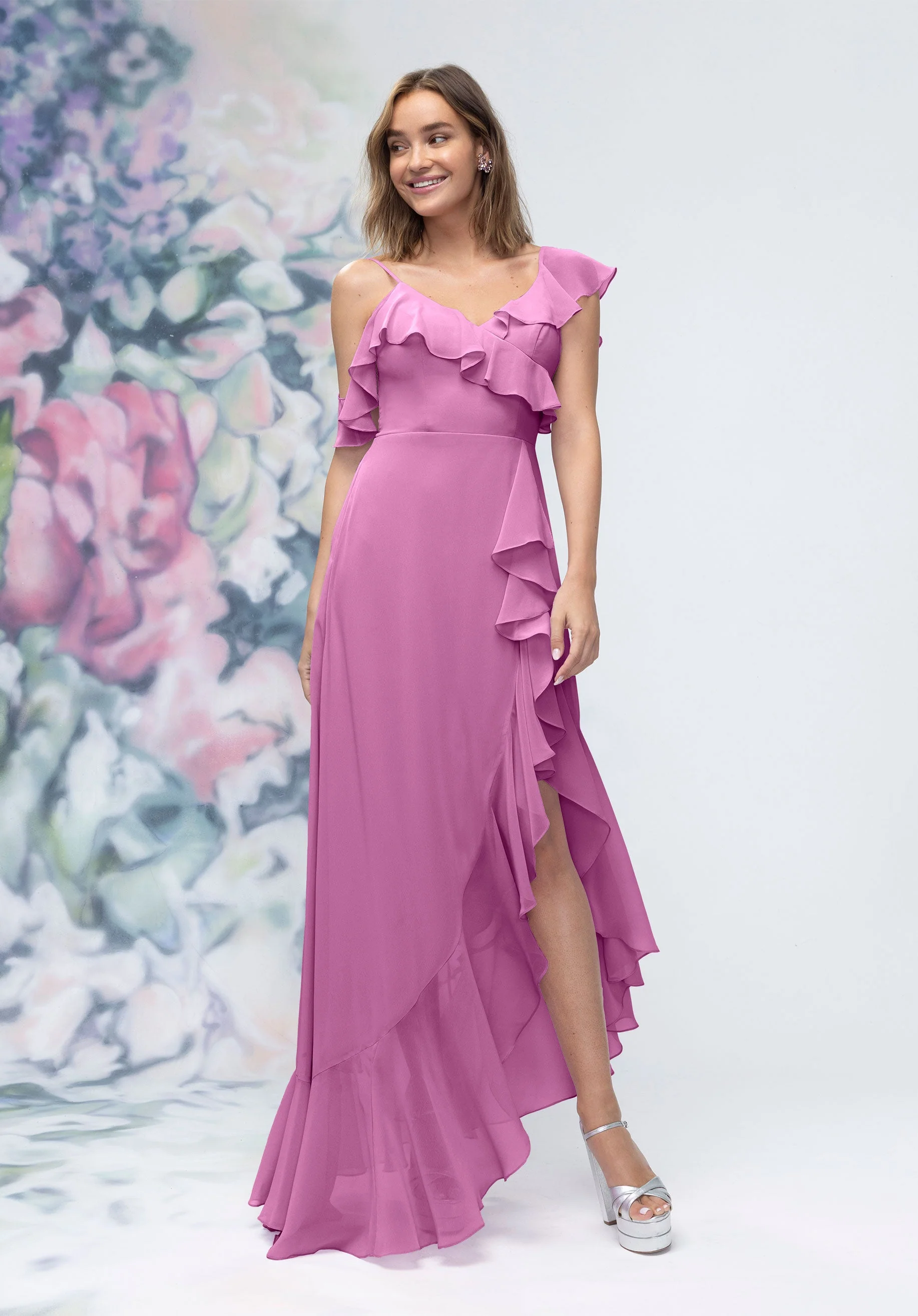 Asymmetrical Cascading Ruffle Chiffon Bridesmaid Dress - Image 40