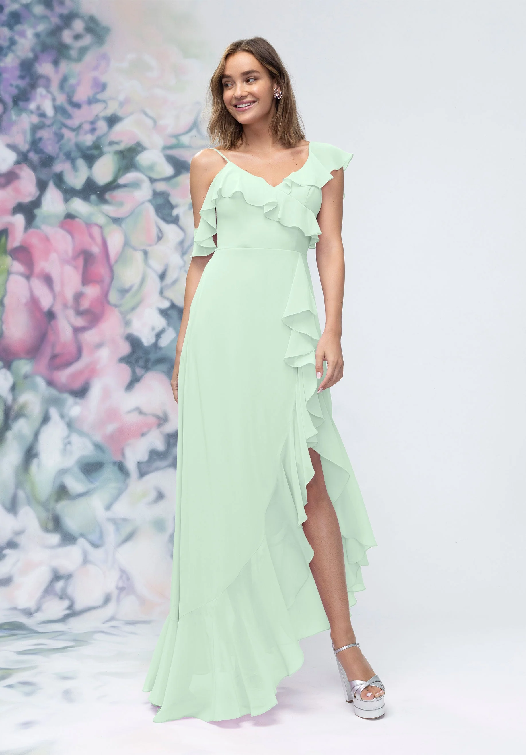 Asymmetrical Cascading Ruffle Chiffon Bridesmaid Dress - Image 45