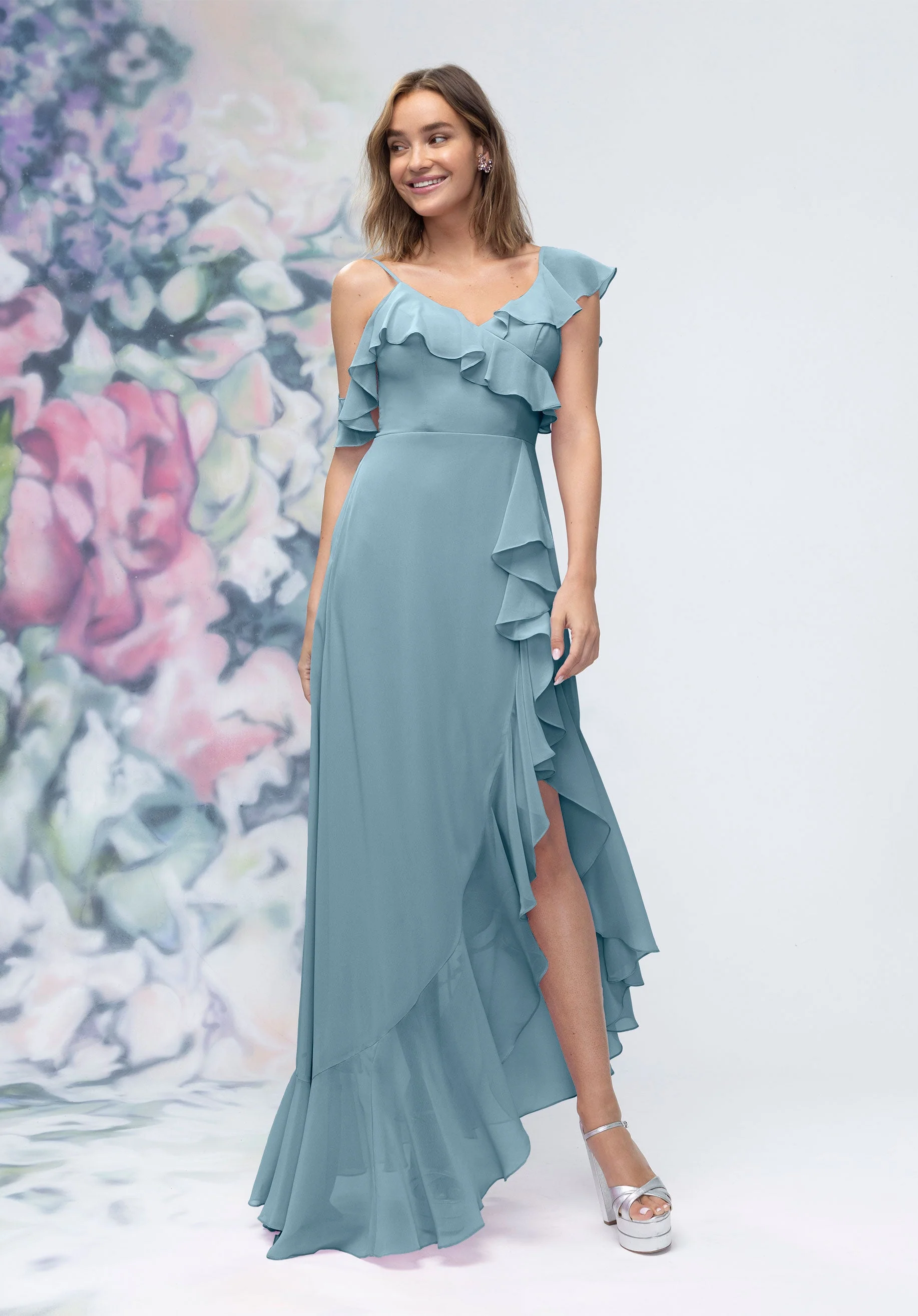 Asymmetrical Cascading Ruffle Chiffon Bridesmaid Dress - Image 48