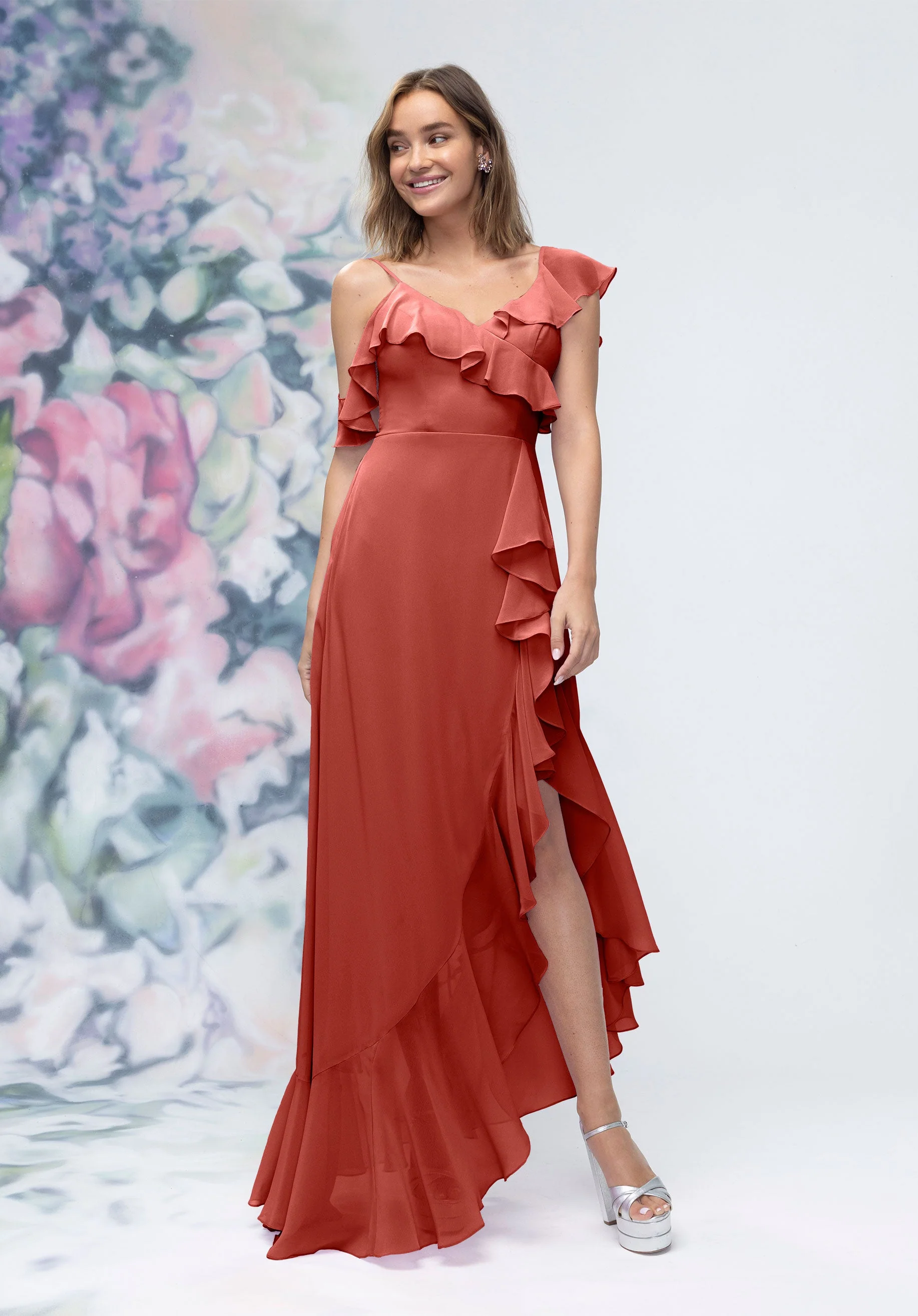 Asymmetrical Cascading Ruffle Chiffon Bridesmaid Dress - Image 53