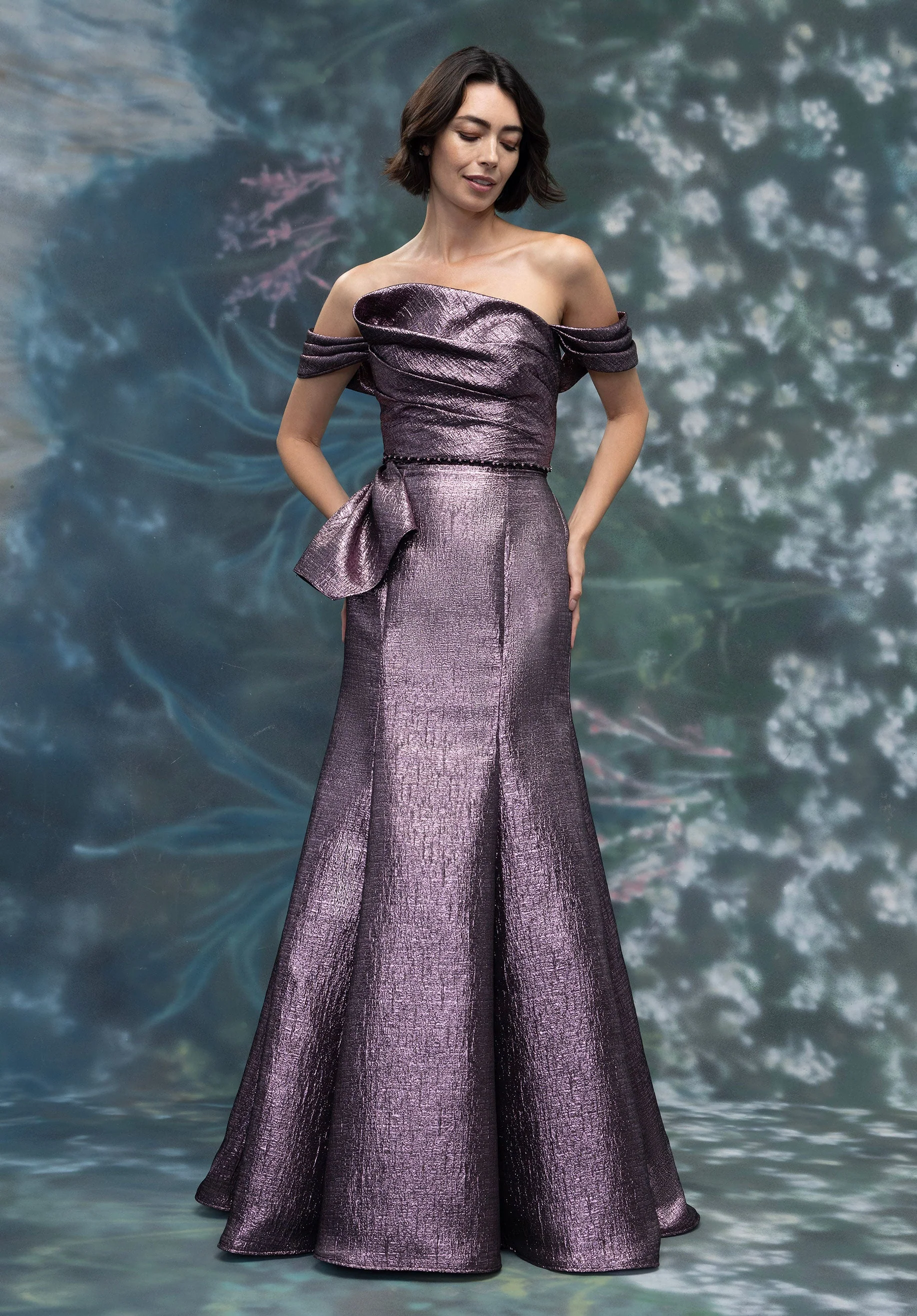 Asymmetrical Drape Metallic Jacquard Evening Gown