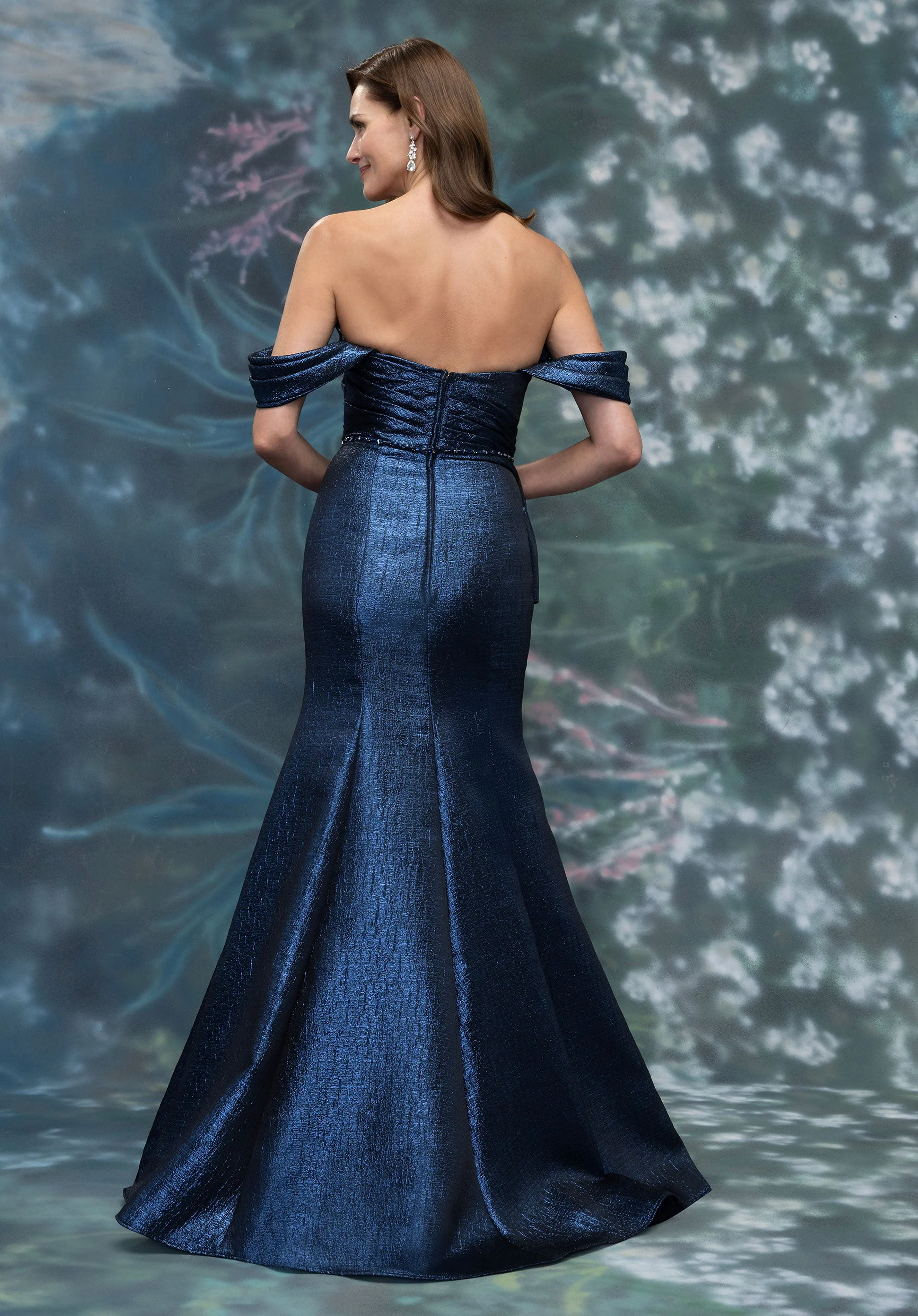 Asymmetrical Drape Metallic Jacquard Evening Gown - Image 4