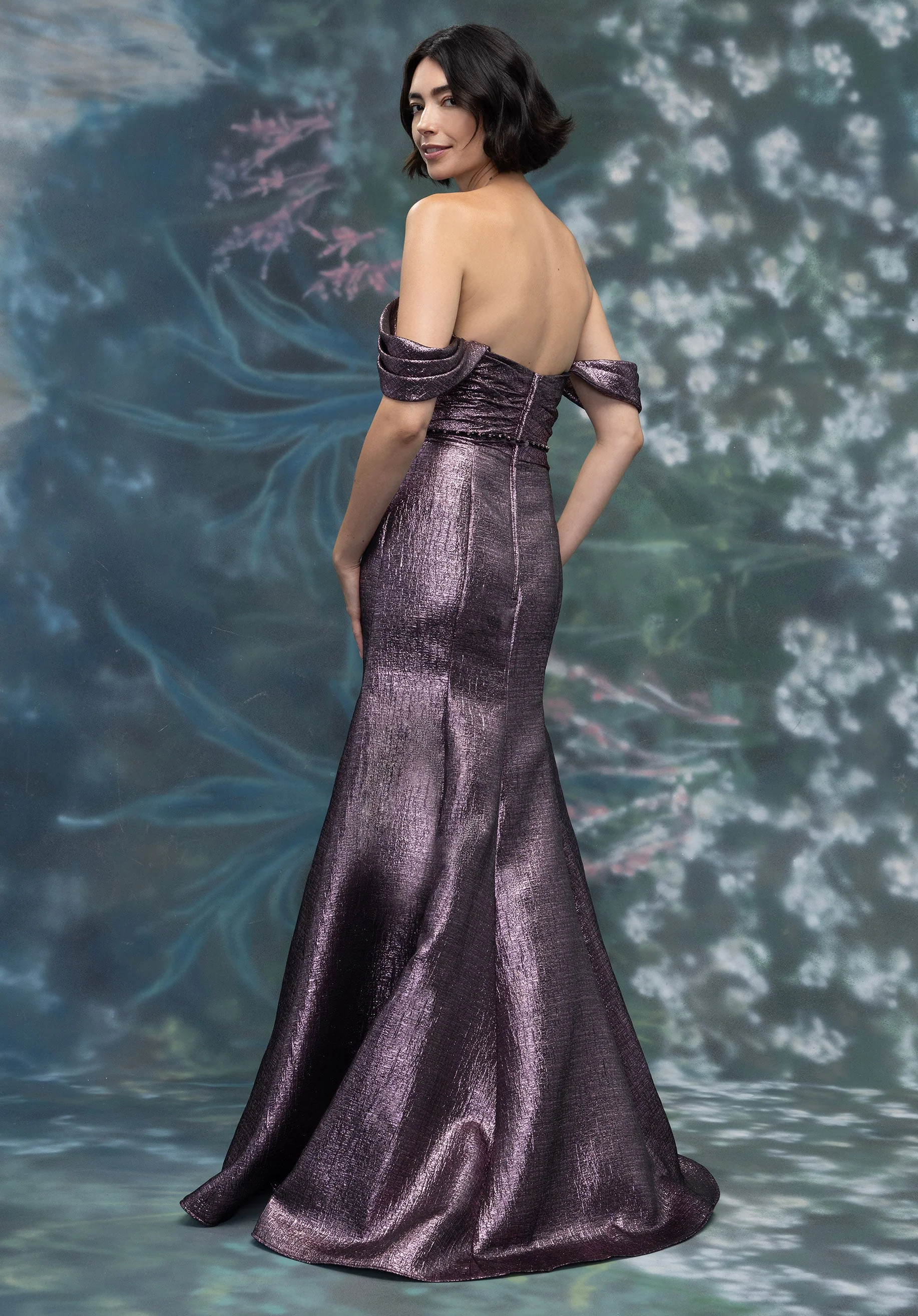 Asymmetrical Drape Metallic Jacquard Evening Gown - Image 5