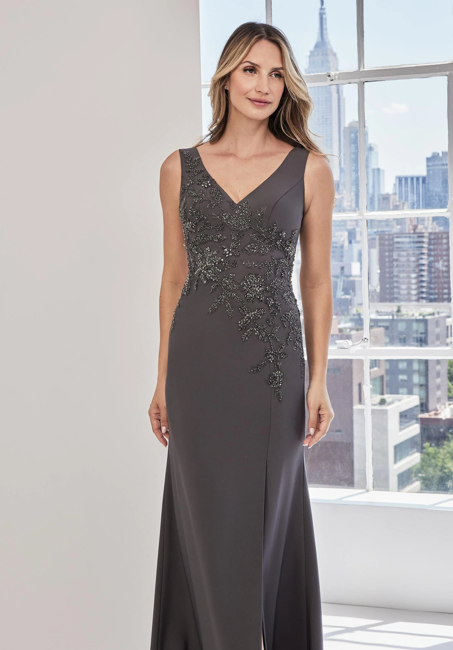 Asymmetrical Floral Appliqué Evening Gown - Image 3