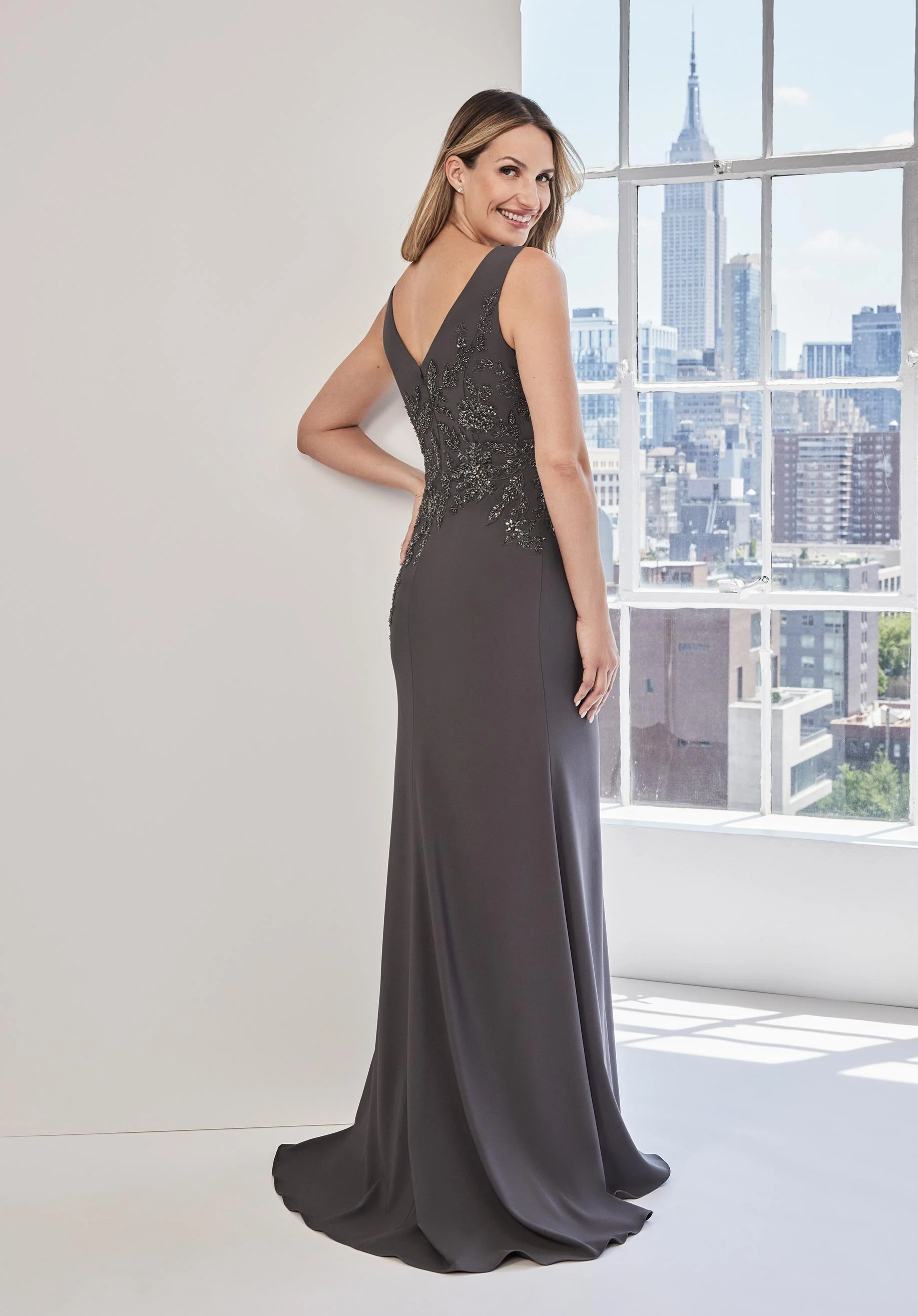 Asymmetrical Floral Appliqué Evening Gown - Image 5