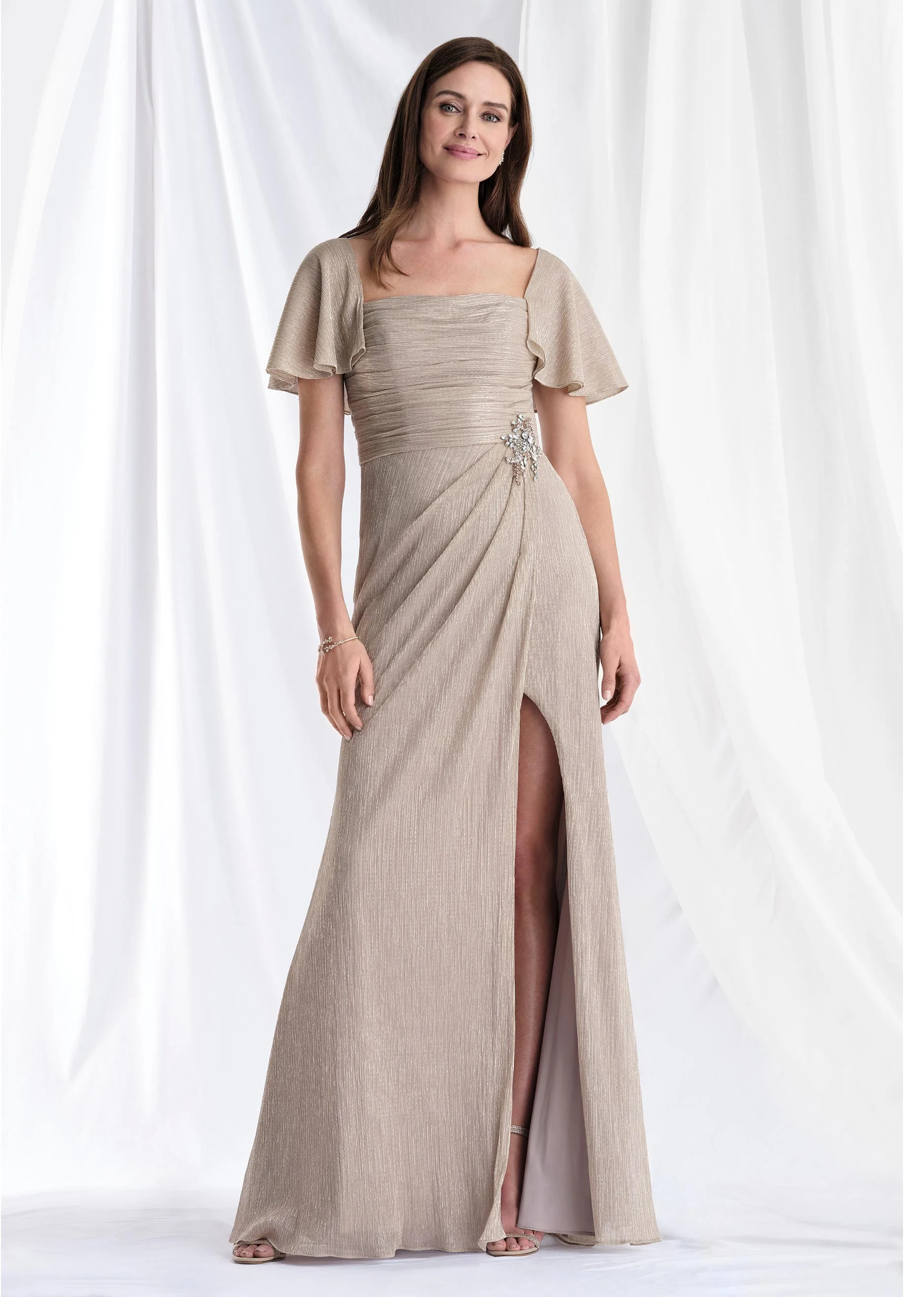 Asymmetrically Draped Metallic Knit Evening Gown with Flutter Sleeves