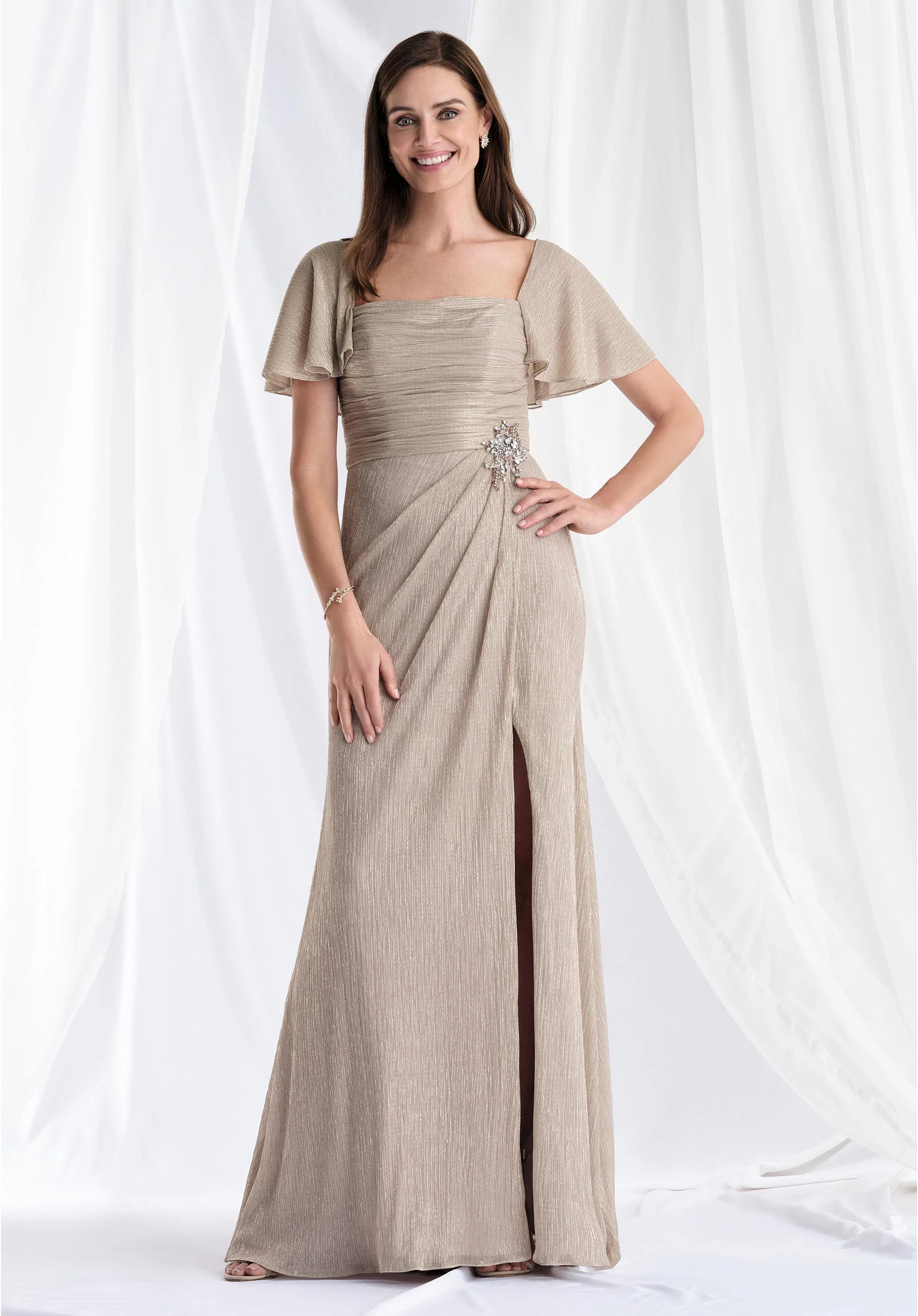 Asymmetrically Draped Metallic Knit Evening Gown with Flutter Sleeves - Image 2