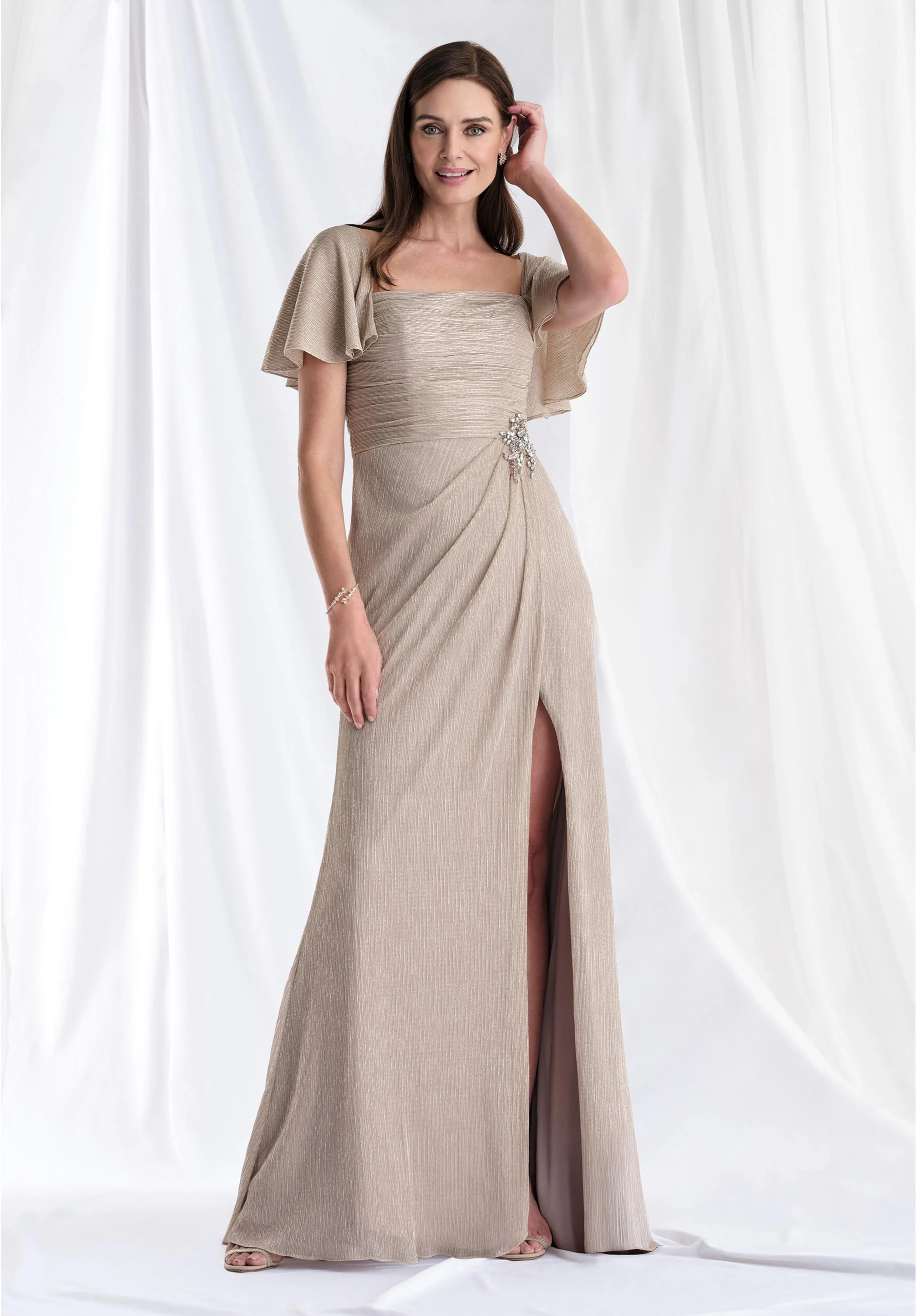 Asymmetrically Draped Metallic Knit Evening Gown with Flutter Sleeves - Image 3