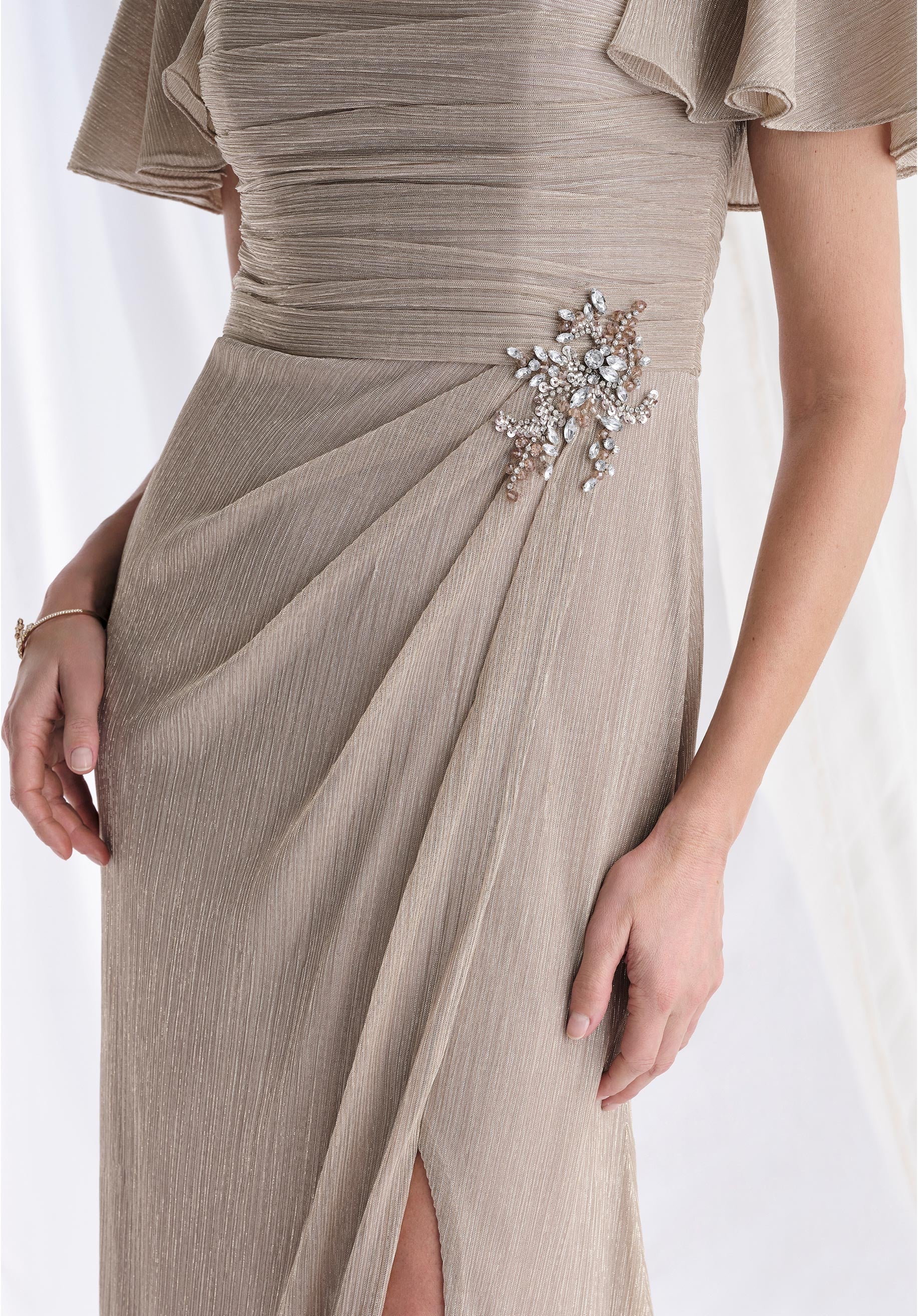 Asymmetrically Draped Metallic Knit Evening Gown with Flutter Sleeves - Image 4