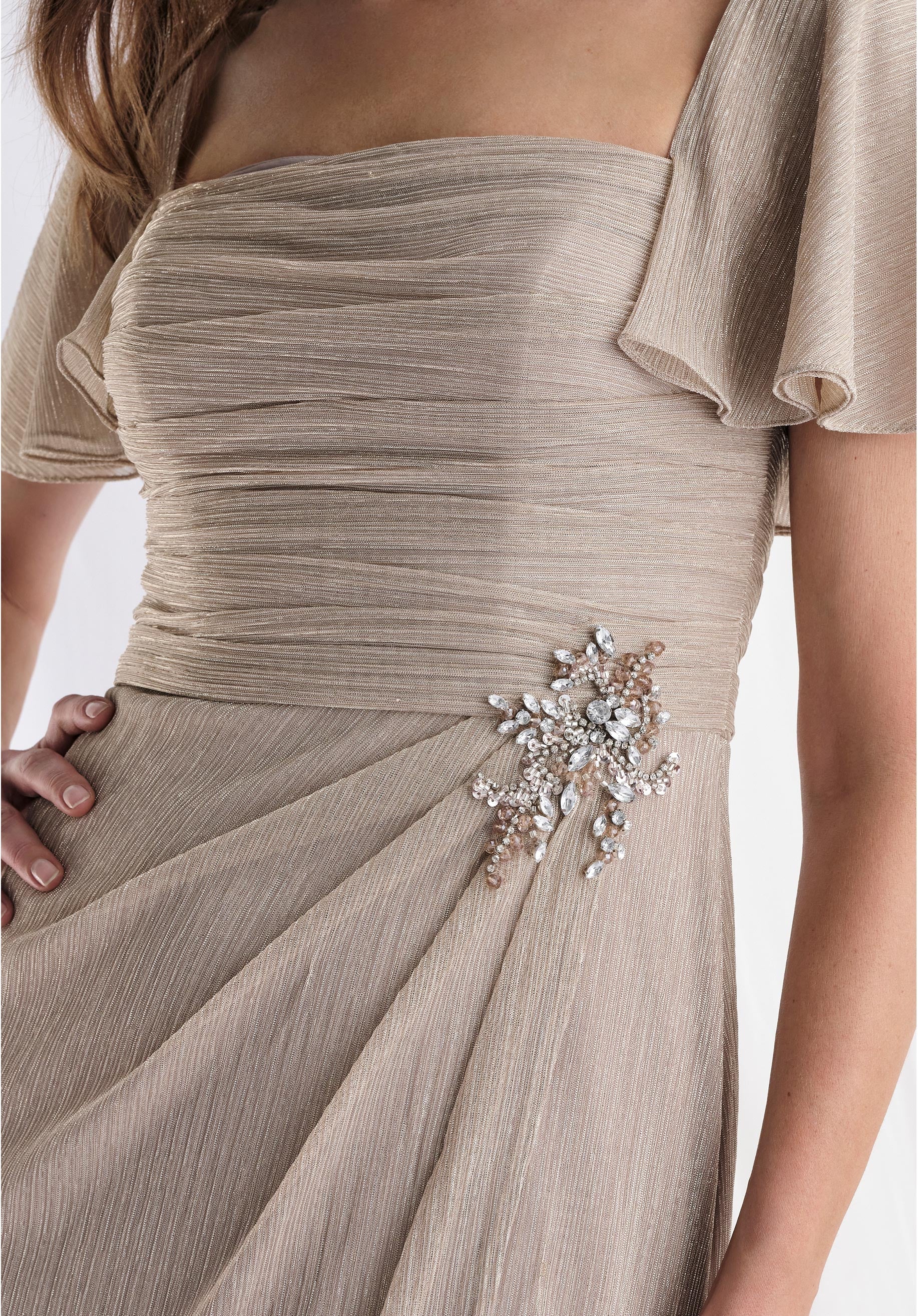 Asymmetrically Draped Metallic Knit Evening Gown with Flutter Sleeves - Image 5