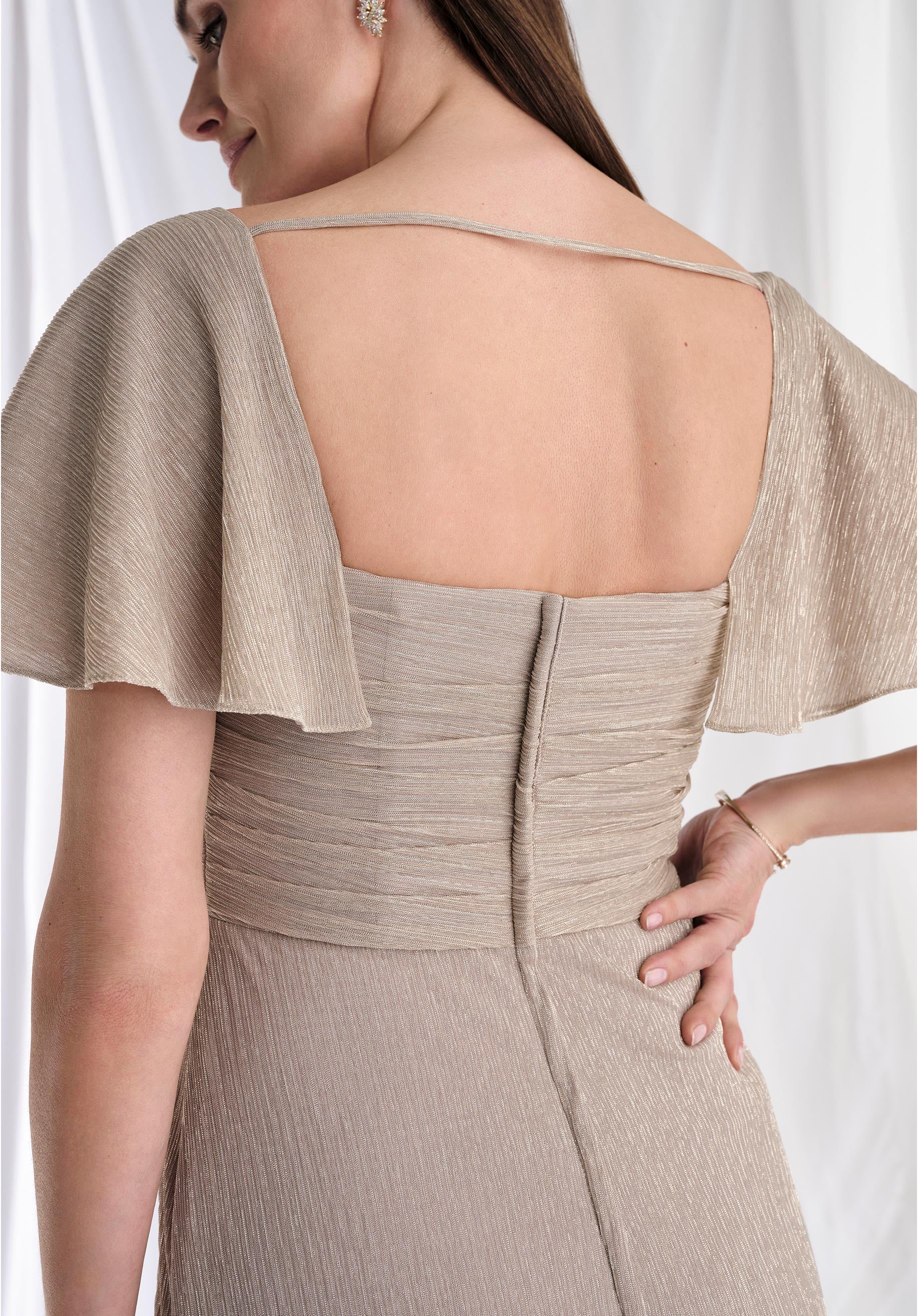 Asymmetrically Draped Metallic Knit Evening Gown with Flutter Sleeves - Image 6