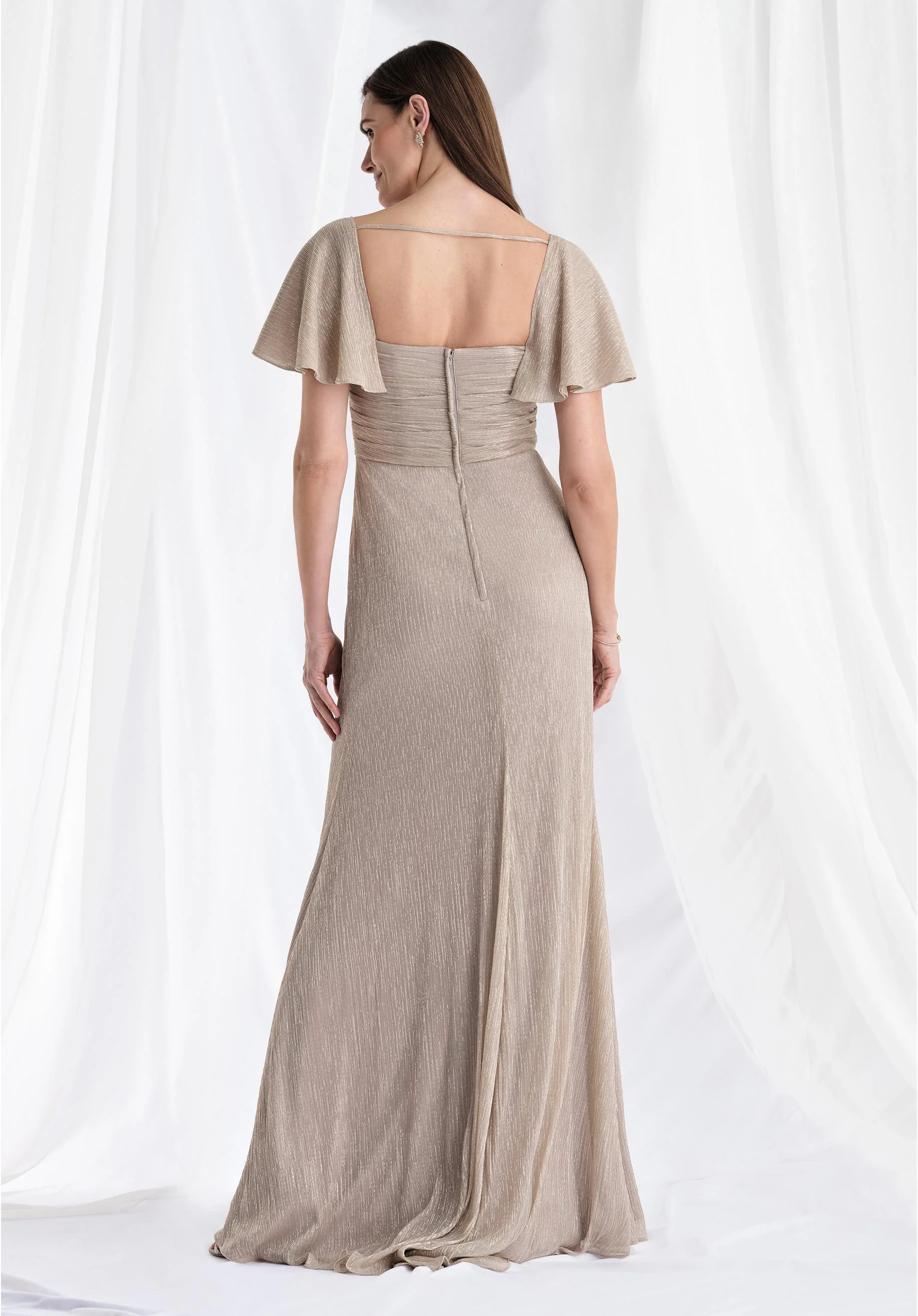 Asymmetrically Draped Metallic Knit Evening Gown with Flutter Sleeves - Image 7