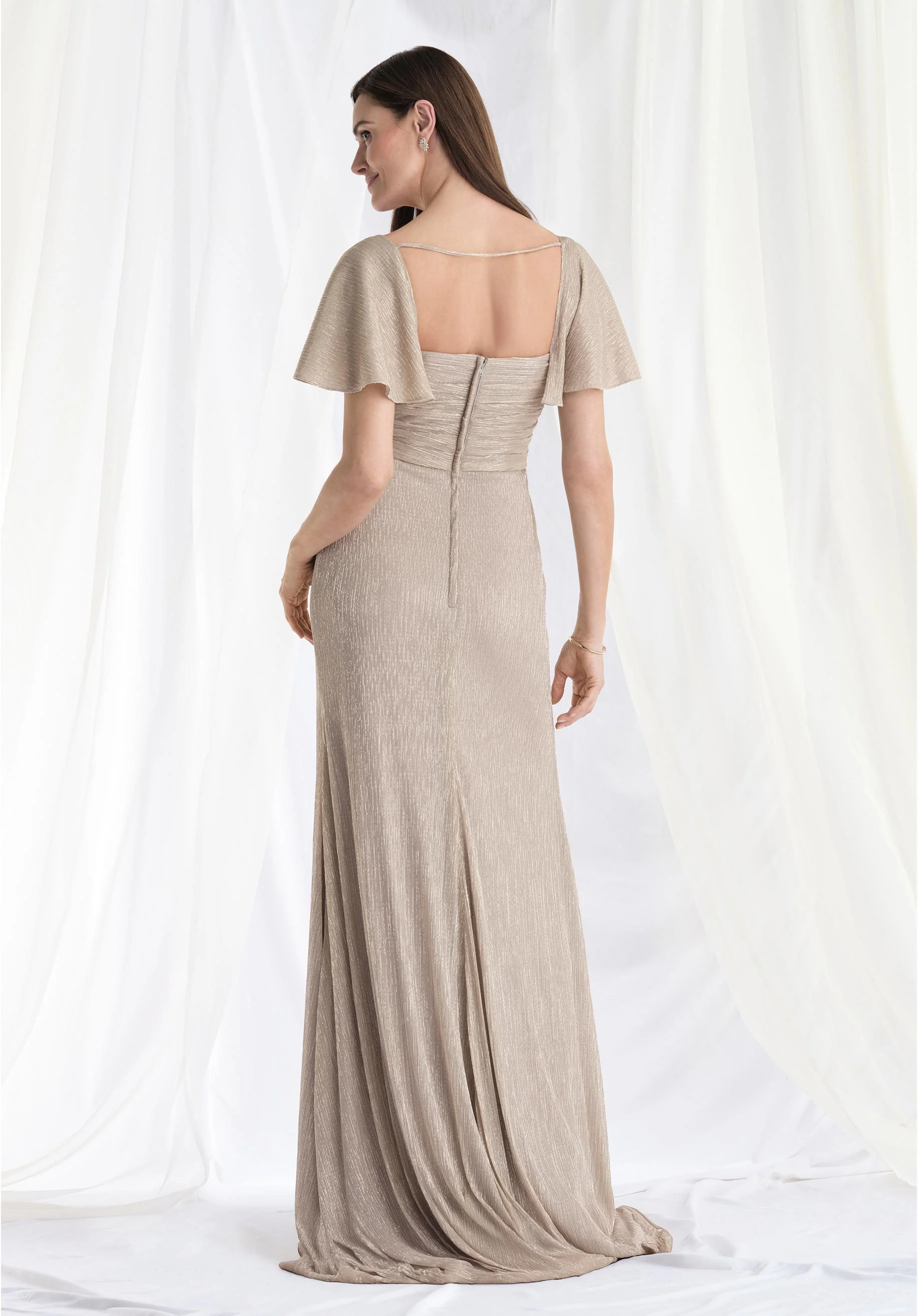 Asymmetrically Draped Metallic Knit Evening Gown with Flutter Sleeves - Image 9