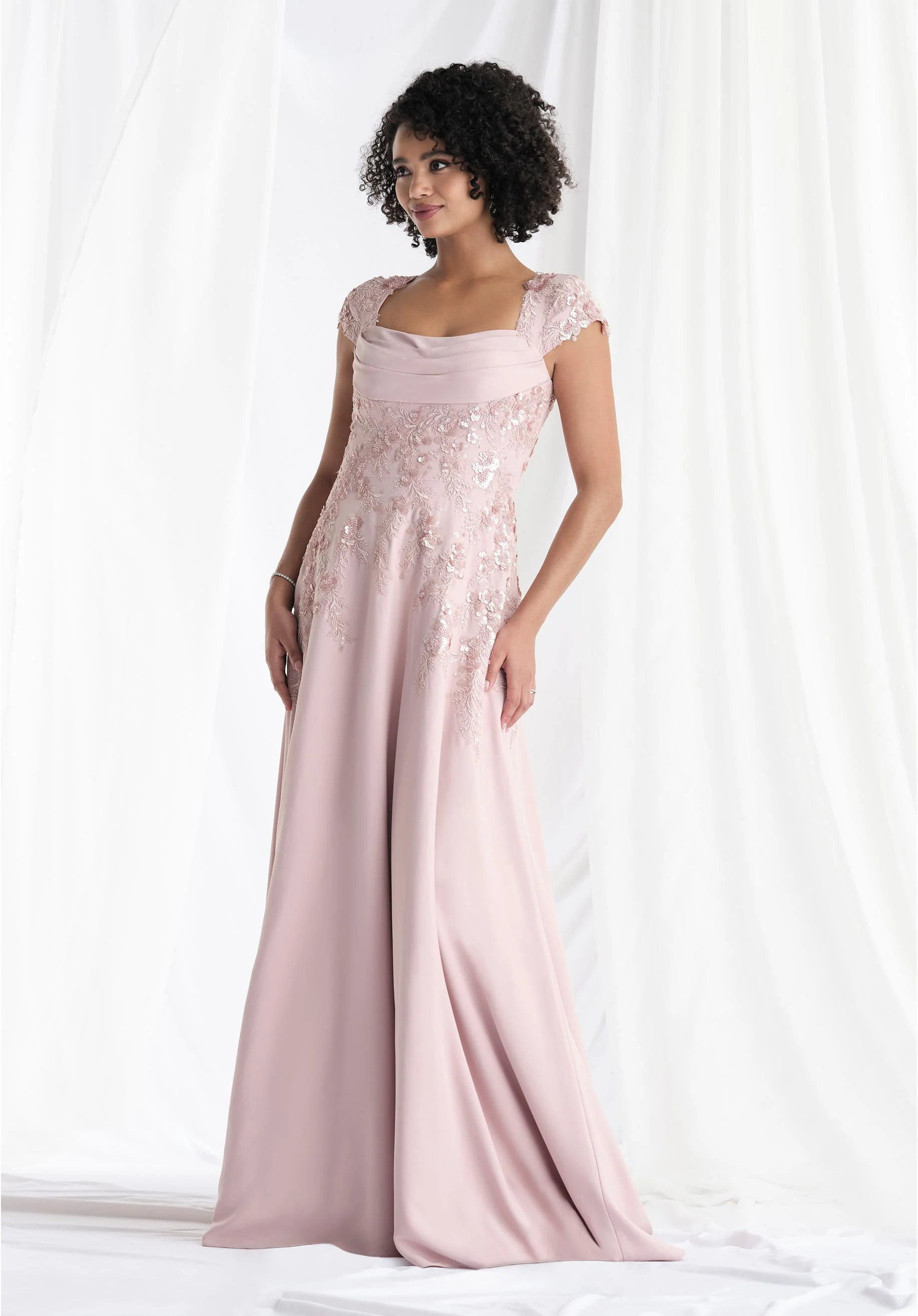 Beaded Appliqué Crepe A-Line Evening Gown - Image 3