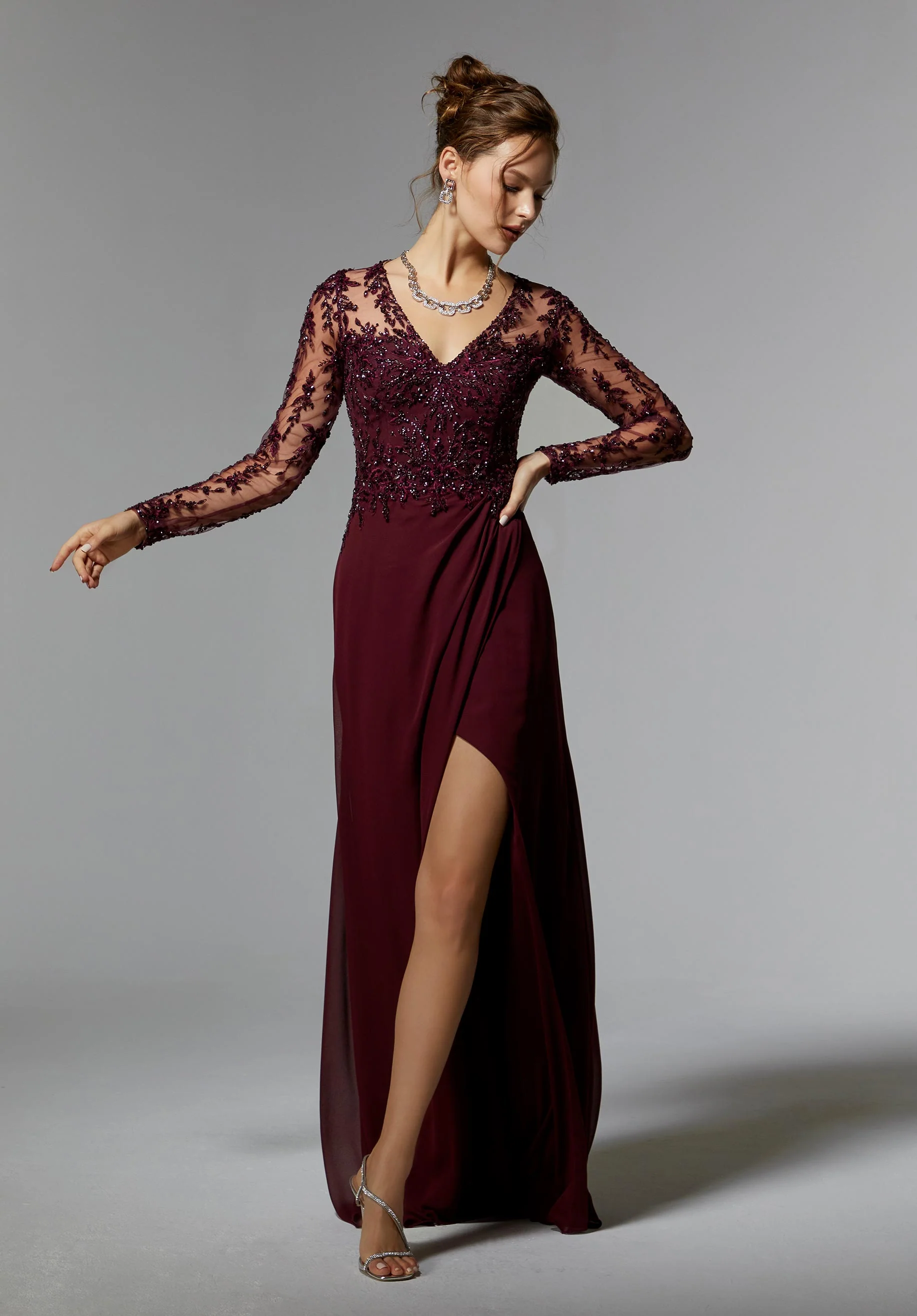 Beaded Embroidered Long Sleeve Evening Gown with Chiffon Skirt - Image 3