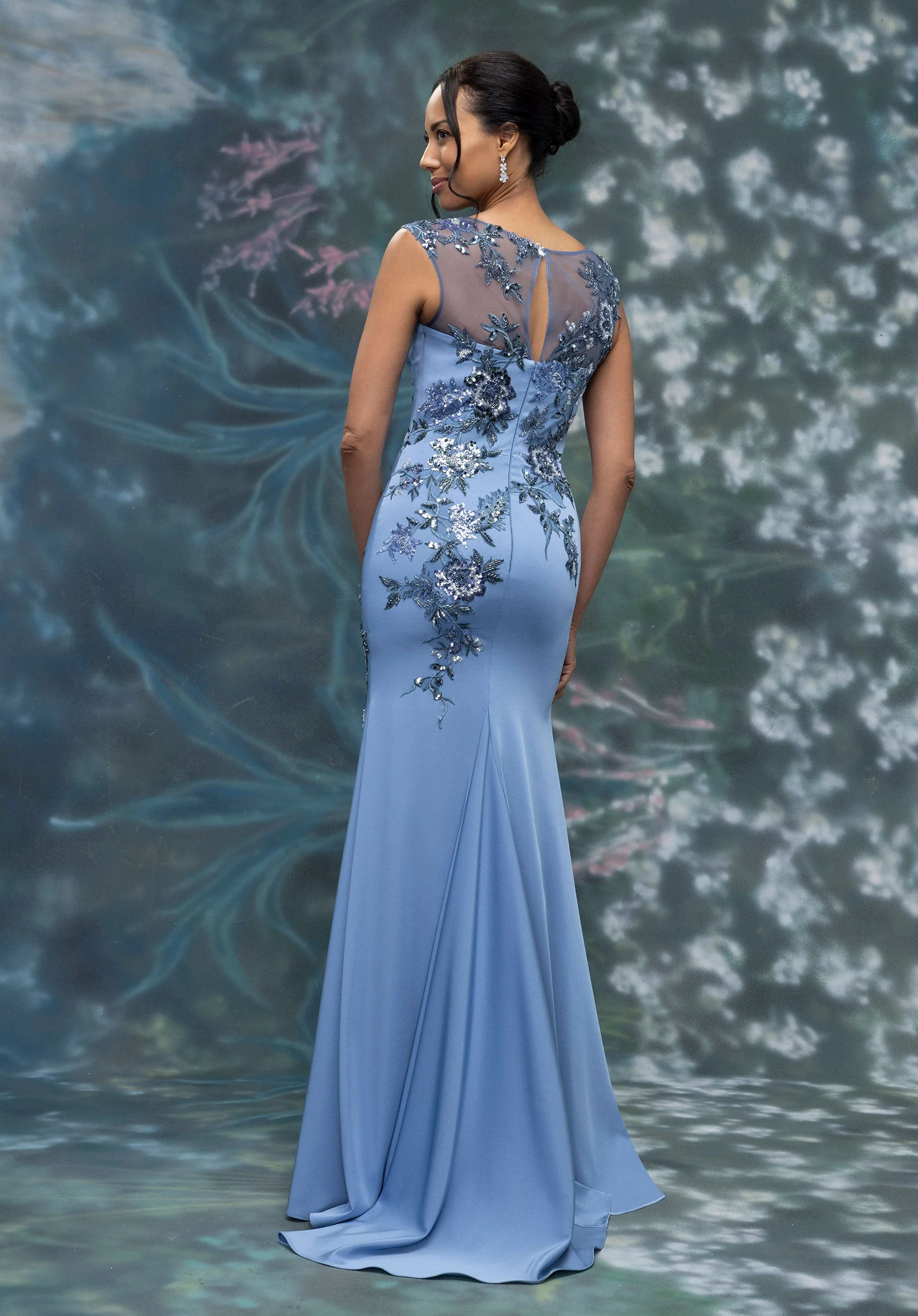 Beaded Floral Embroidered Stretch Crepe Evening Gown with Illusion Neckline - Image 3