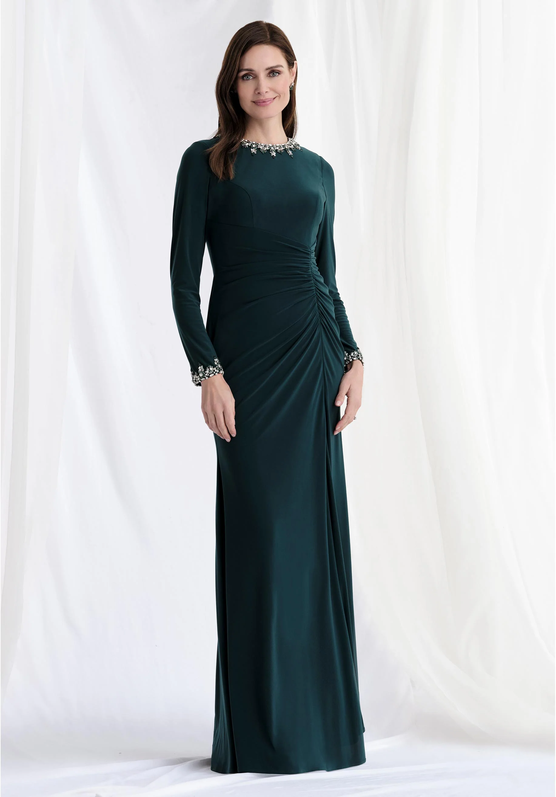 Beaded Jewel Neck Asymmetric Drape Jersey Evening Gown