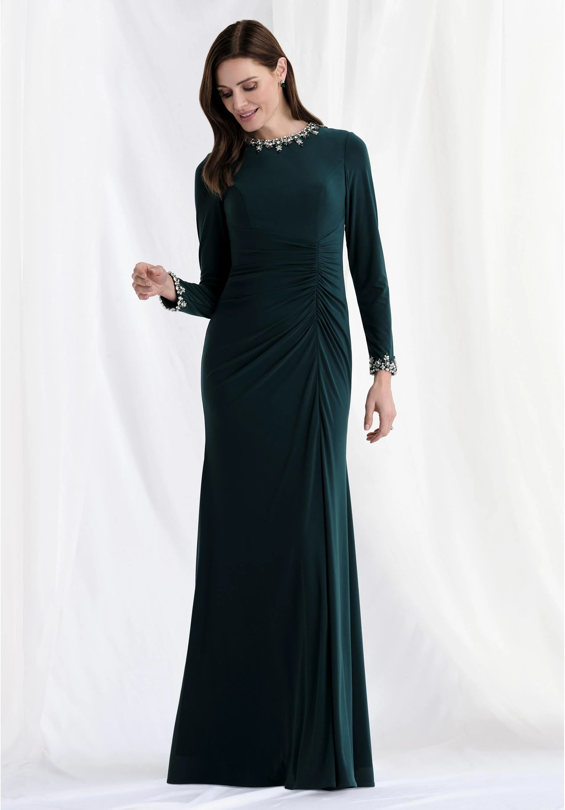 Beaded Jewel Neck Asymmetric Drape Jersey Evening Gown - Image 2