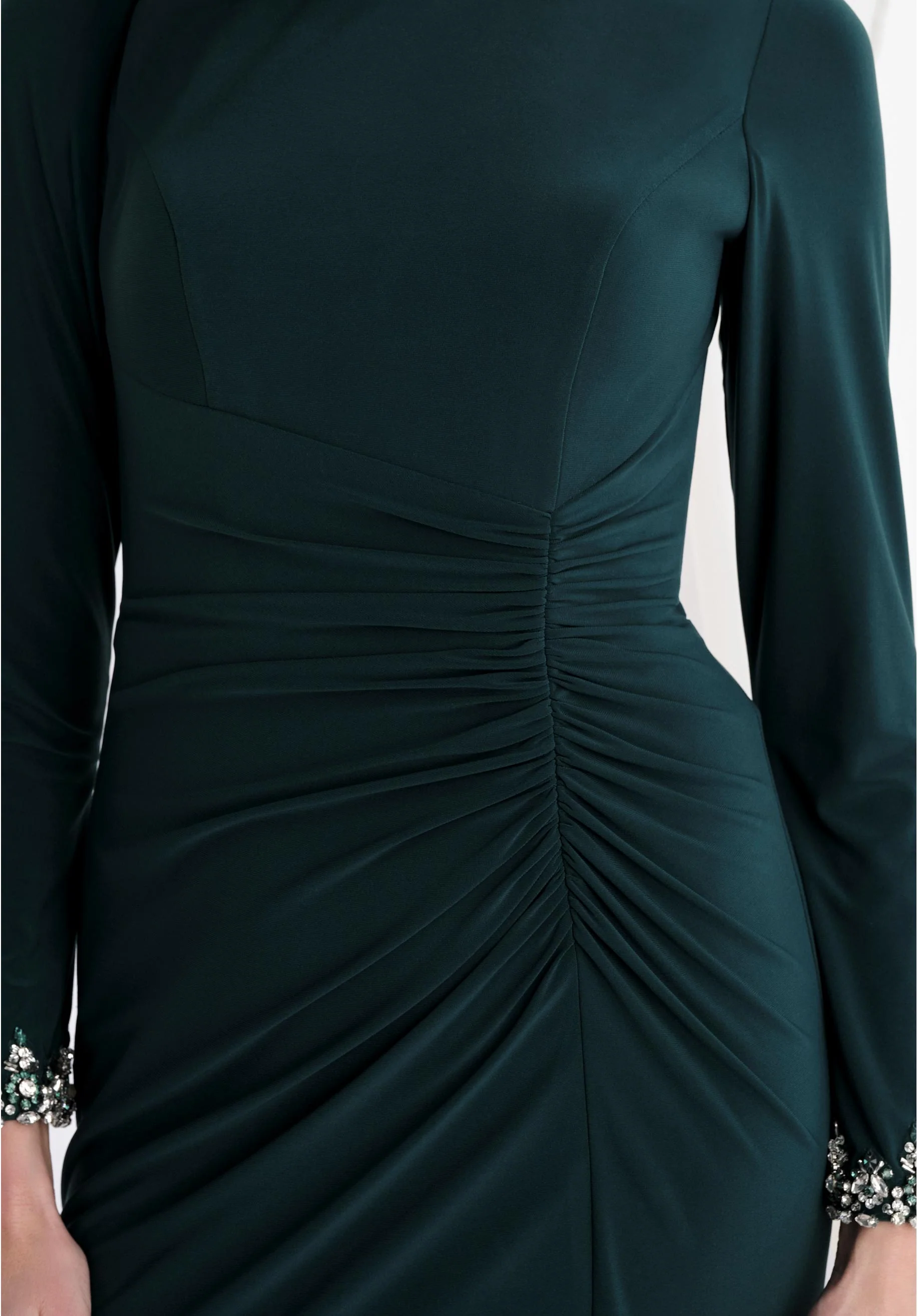 Beaded Jewel Neck Asymmetric Drape Jersey Evening Gown - Image 4