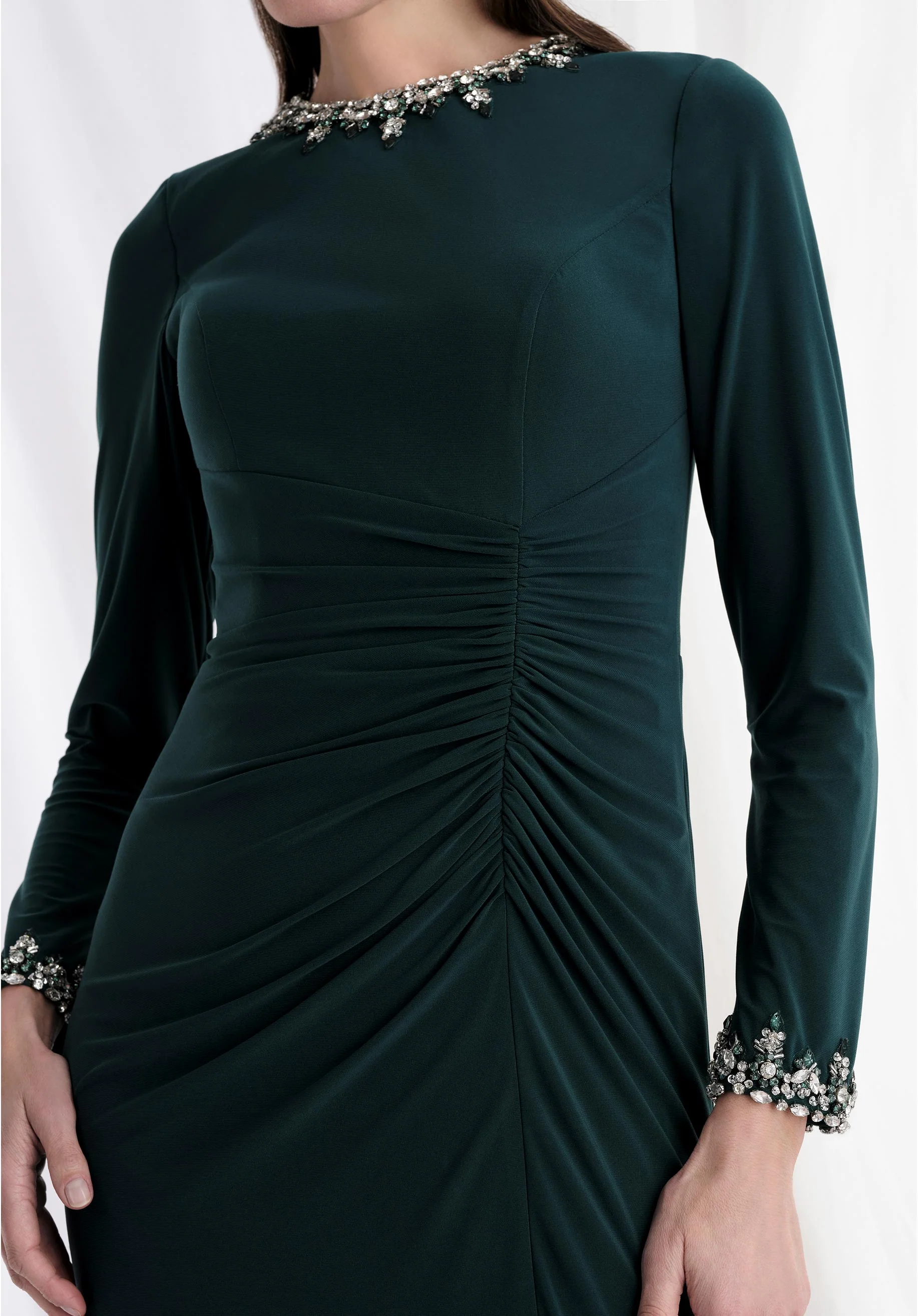 Beaded Jewel Neck Asymmetric Drape Jersey Evening Gown - Image 5