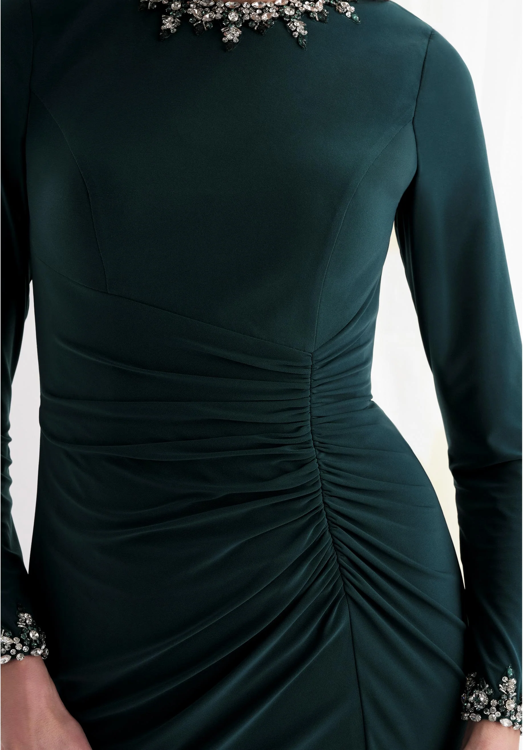 Beaded Jewel Neck Asymmetric Drape Jersey Evening Gown - Image 6