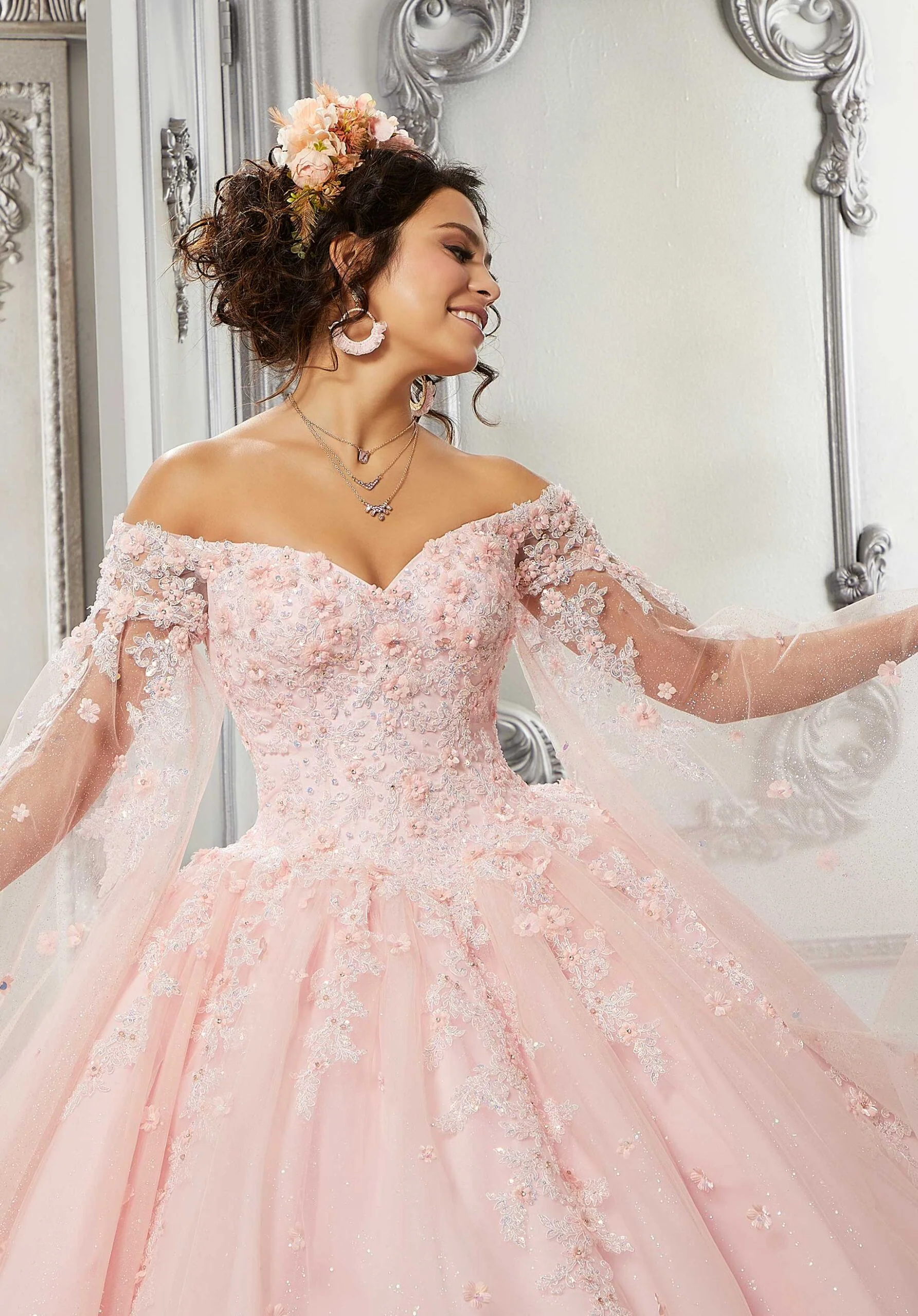 Beaded Lace and Sparkle Tulle Quinceañera Dress - Image 4