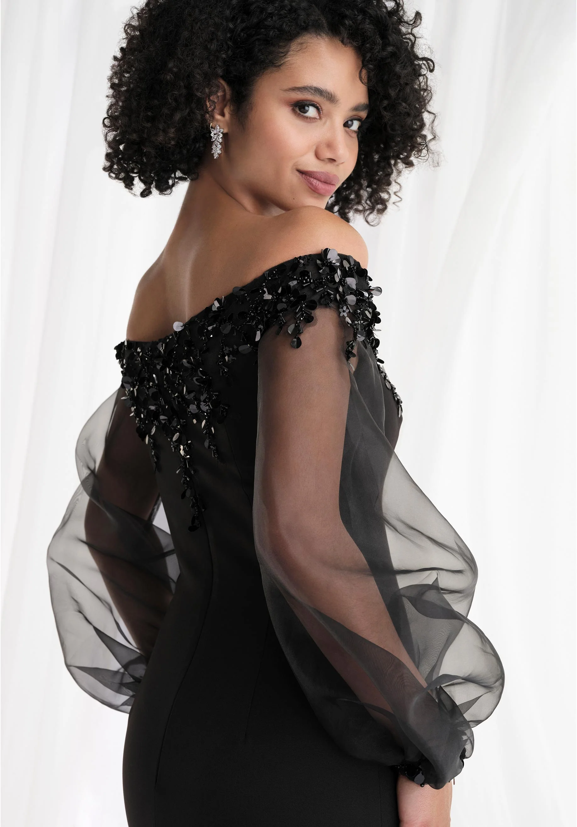 Beaded Portrait Neck Fit and Flare Evening Gown with Blouson Sleeves - Image 4