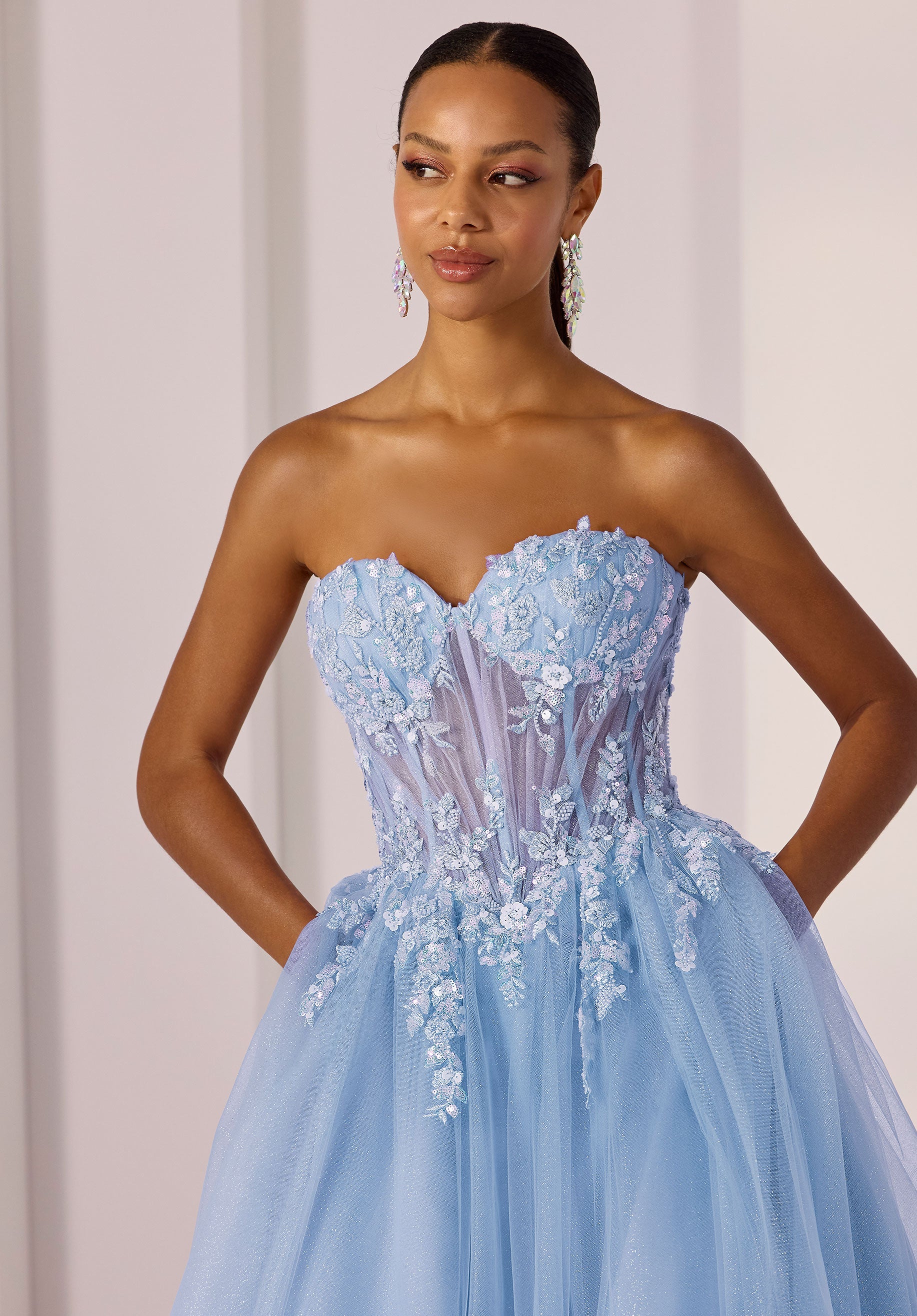 Beaded Sequin Sheer Midriff Basque Waist Party Dress - Image 3