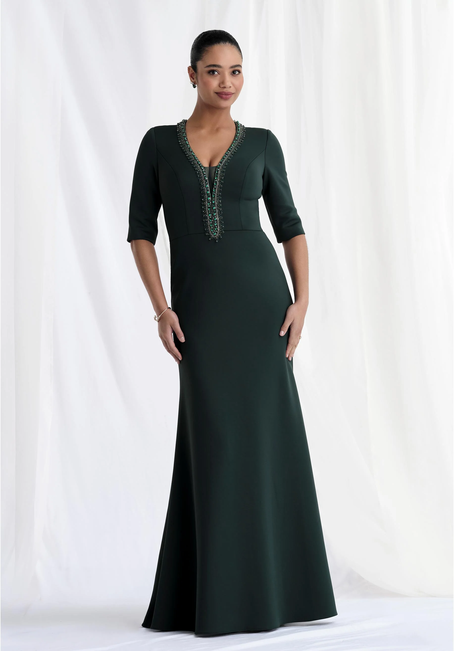 Beaded V-Neck Scuba Knit Evening Gown