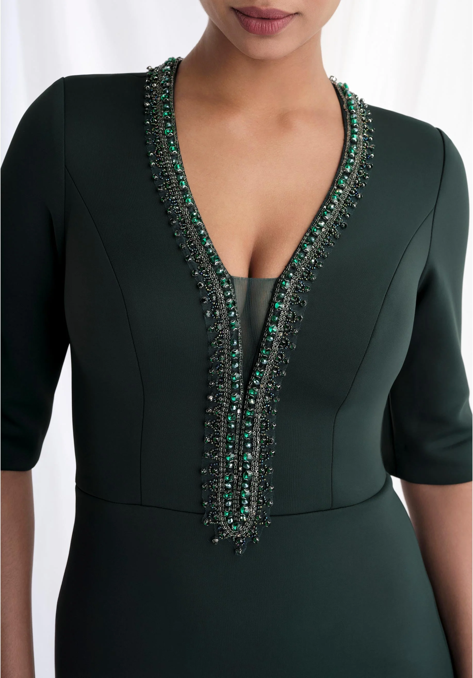 Beaded V-Neck Scuba Knit Evening Gown - Image 4