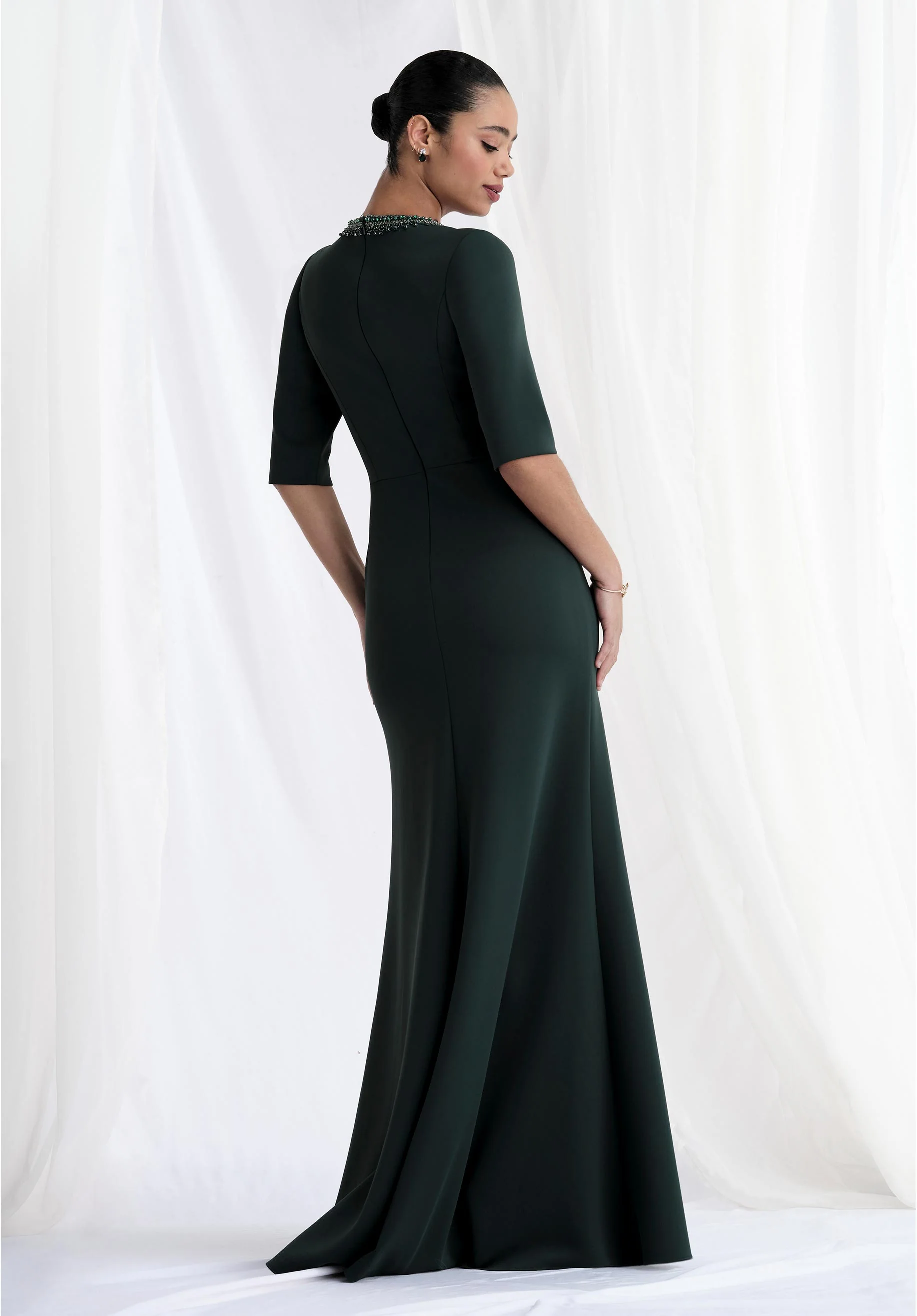 Beaded V-Neck Scuba Knit Evening Gown - Image 5