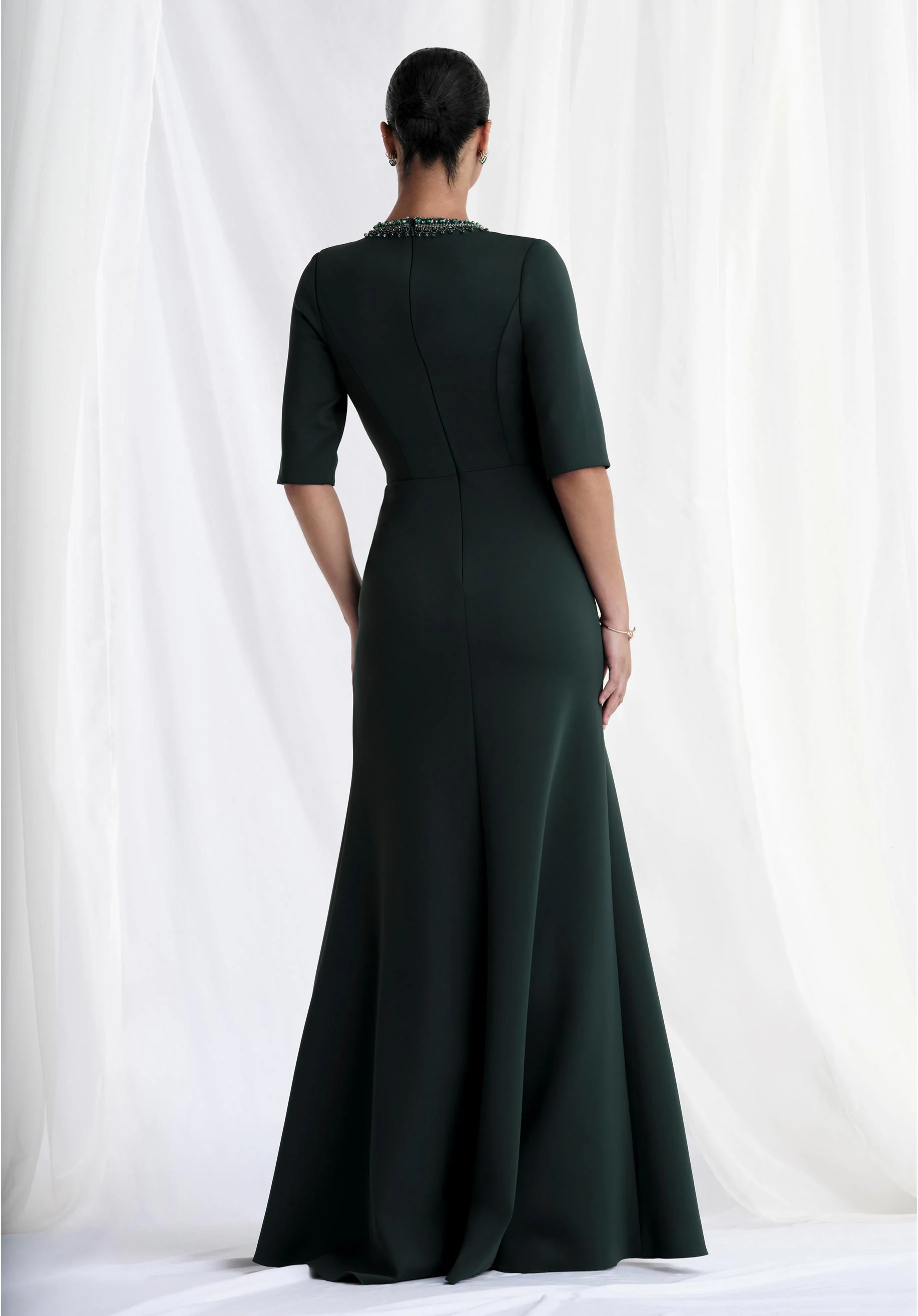 Beaded V-Neck Scuba Knit Evening Gown - Image 6